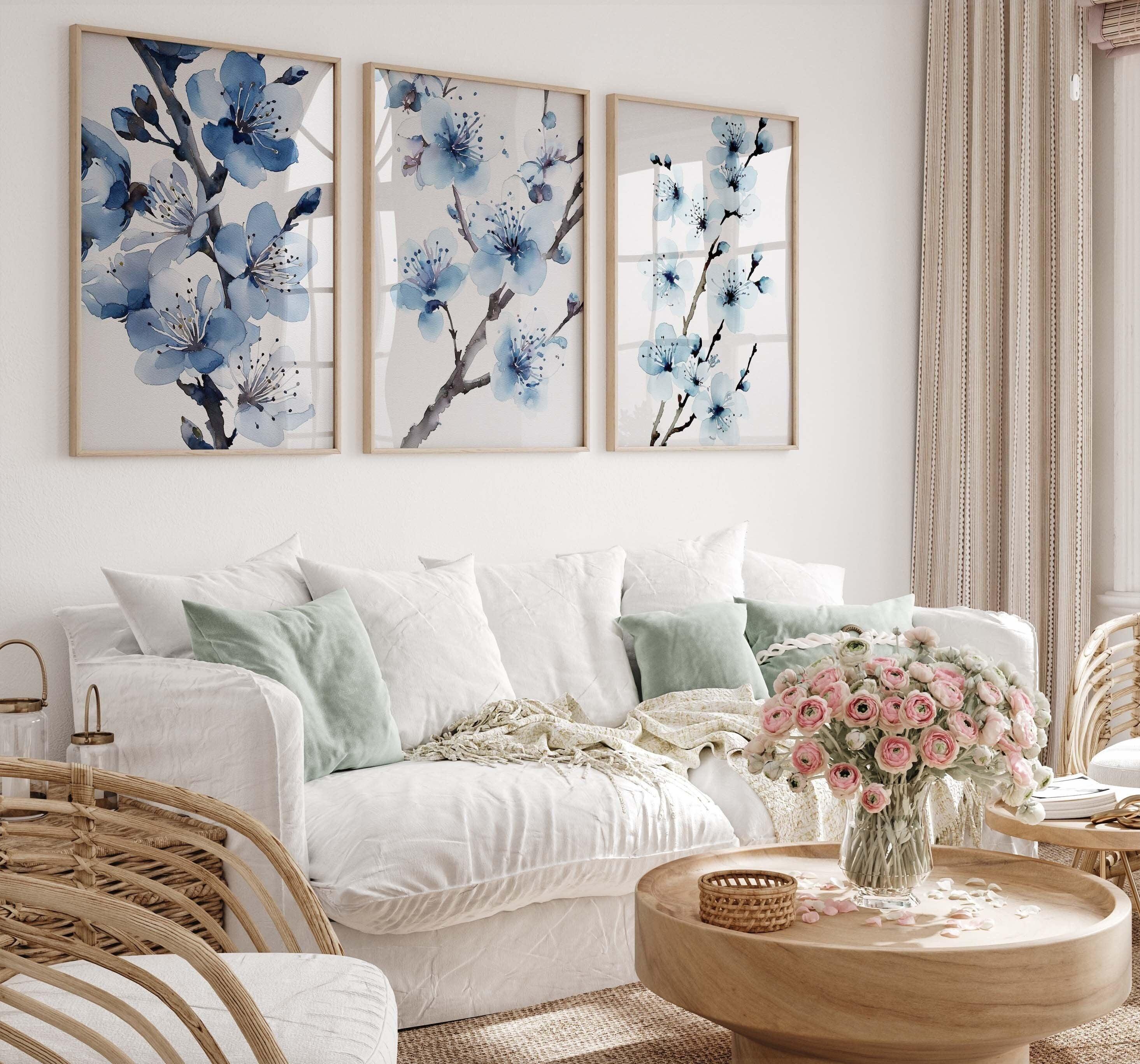 Blue cherry blossom watercolour wall art set – cerulean botanical triptych