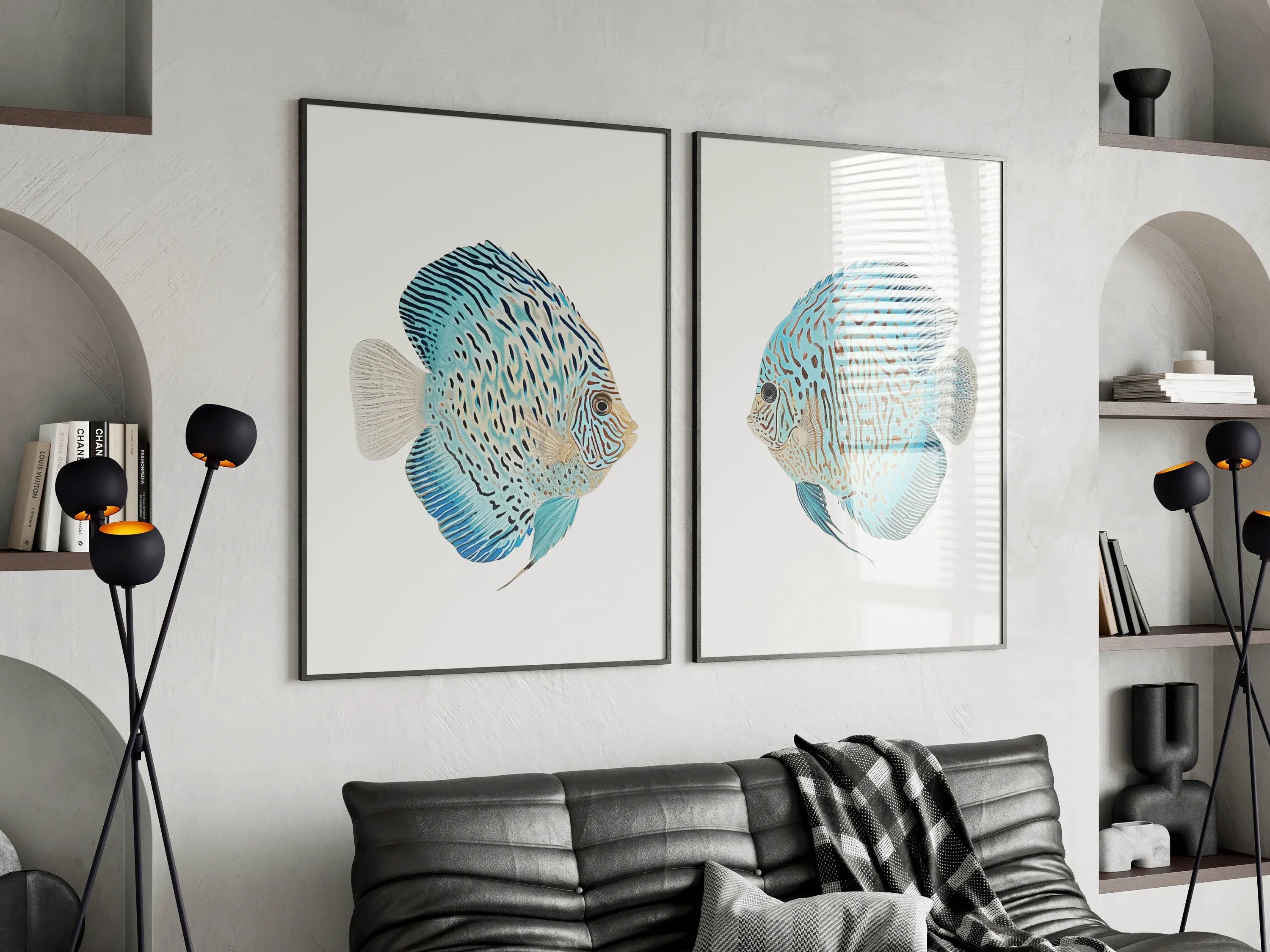 Blue discus fish wall art set – watercolour ocean tropical fish decor