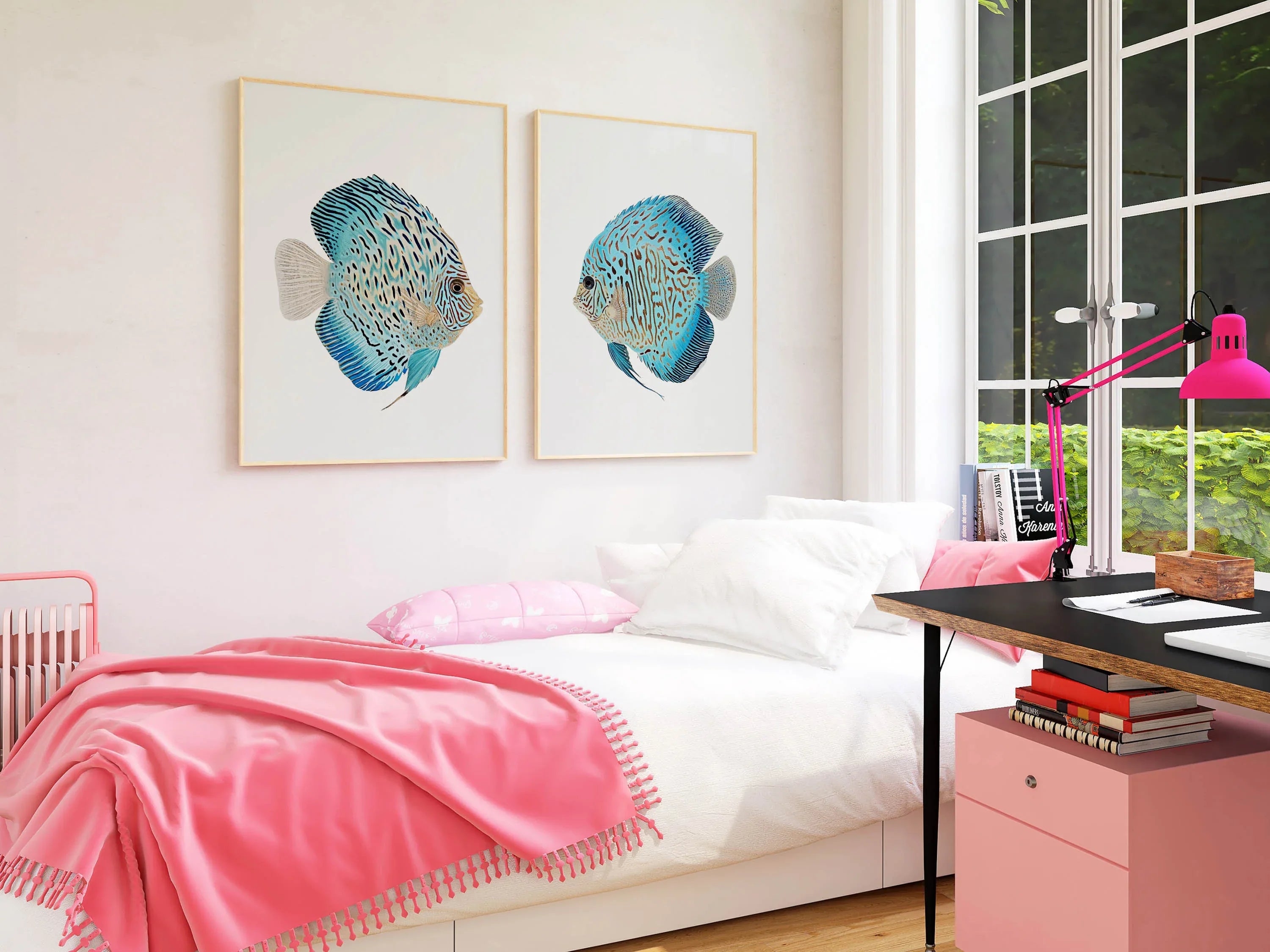 Blue discus fish wall art set – watercolour ocean tropical fish decor