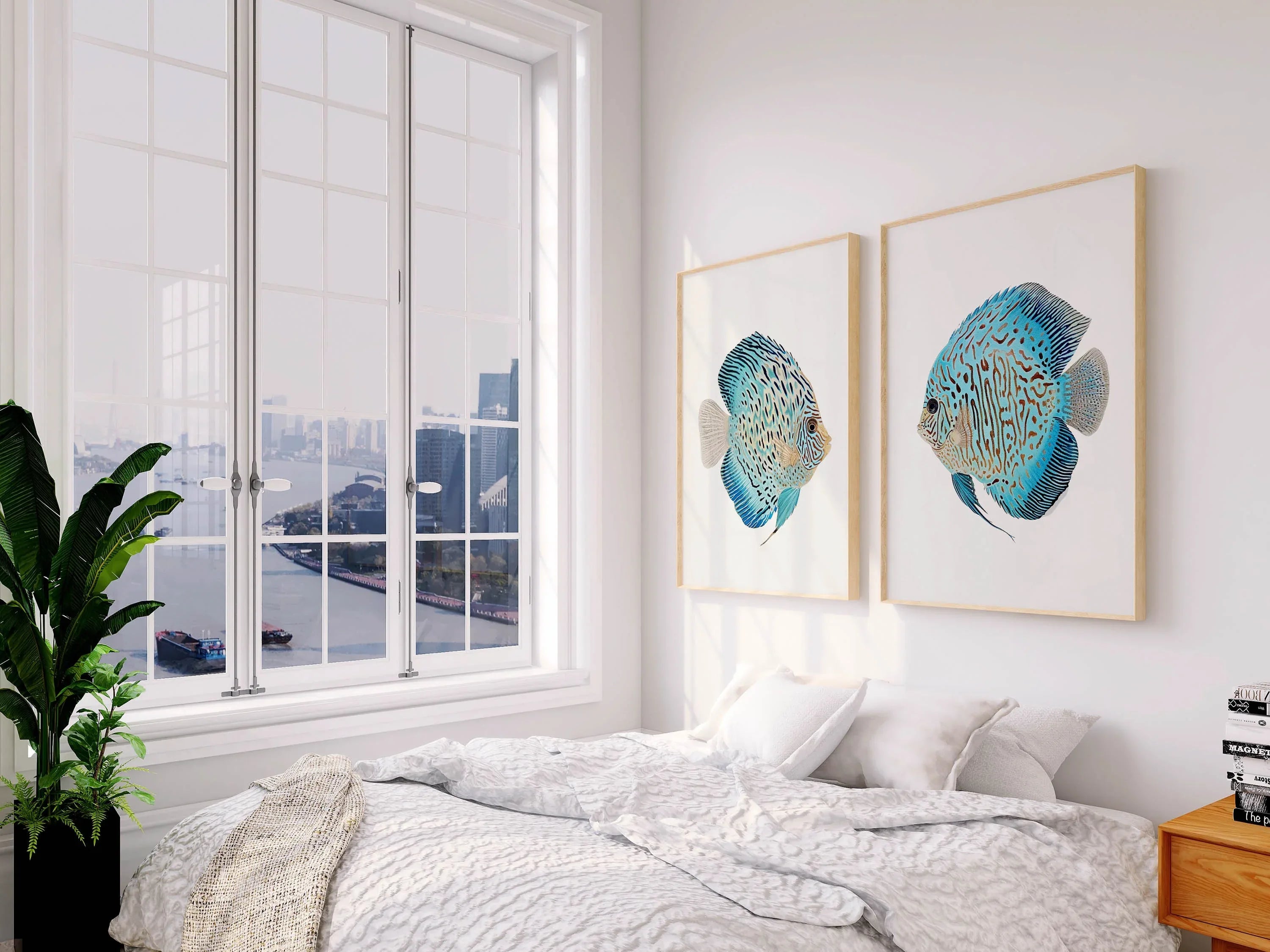 Blue discus fish wall art set – watercolour ocean tropical fish decor