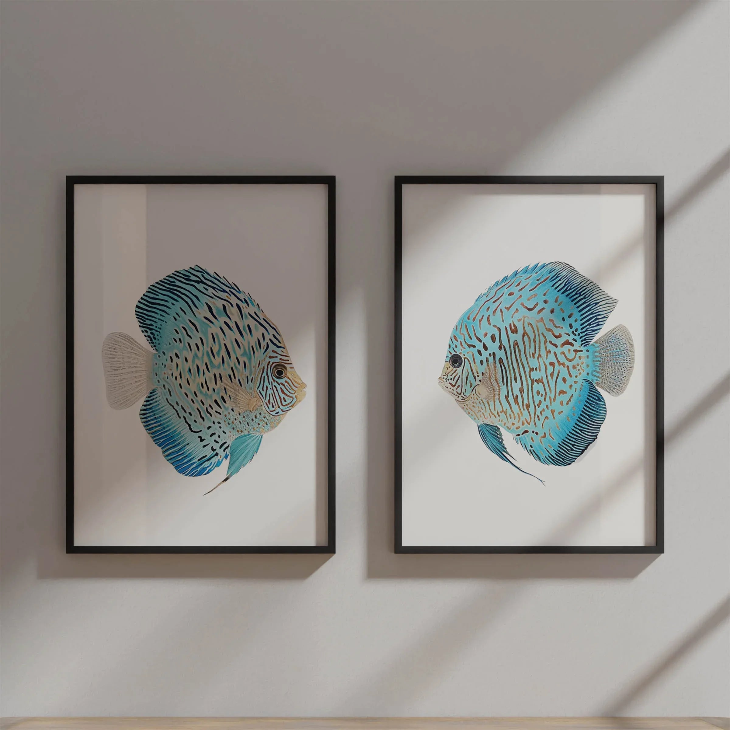 Blue discus fish wall art set – watercolour ocean tropical fish decor