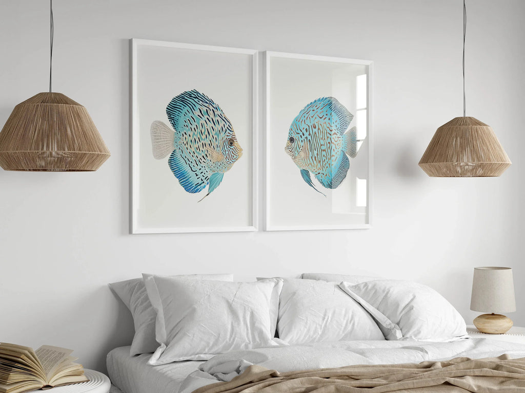 Blue discus fish wall art set – watercolour ocean tropical fish decor