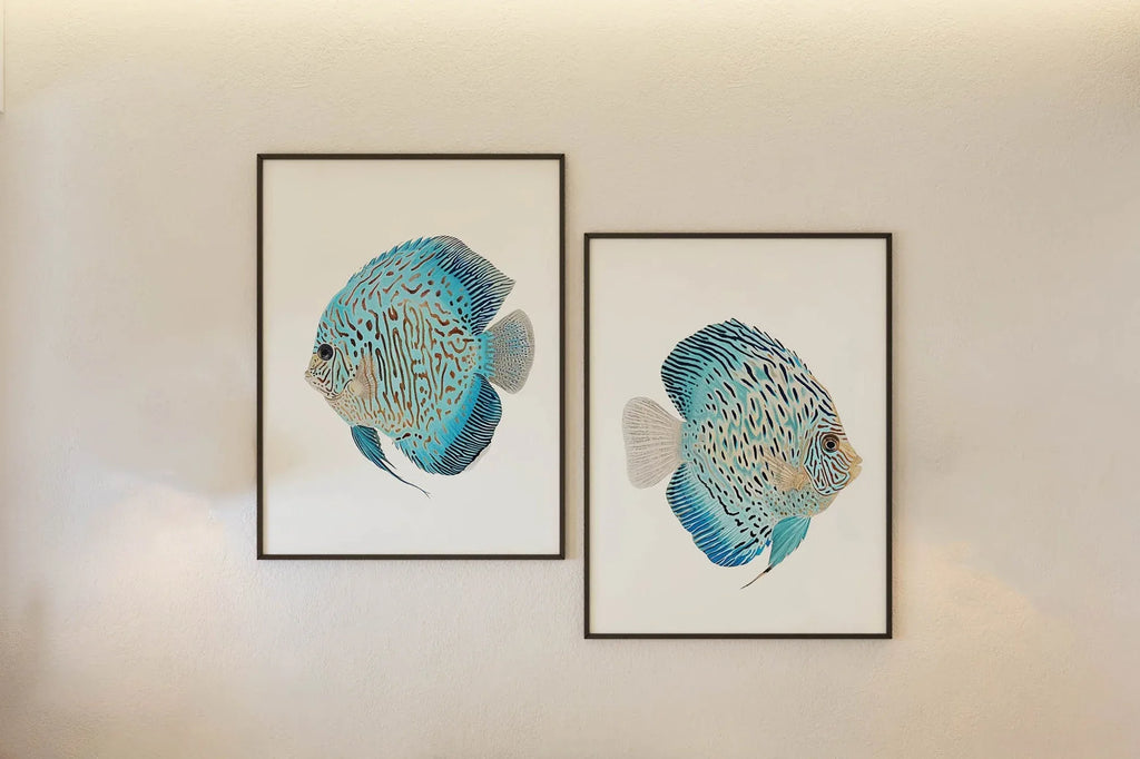 Blue discus fish wall art set – watercolour ocean tropical fish decor