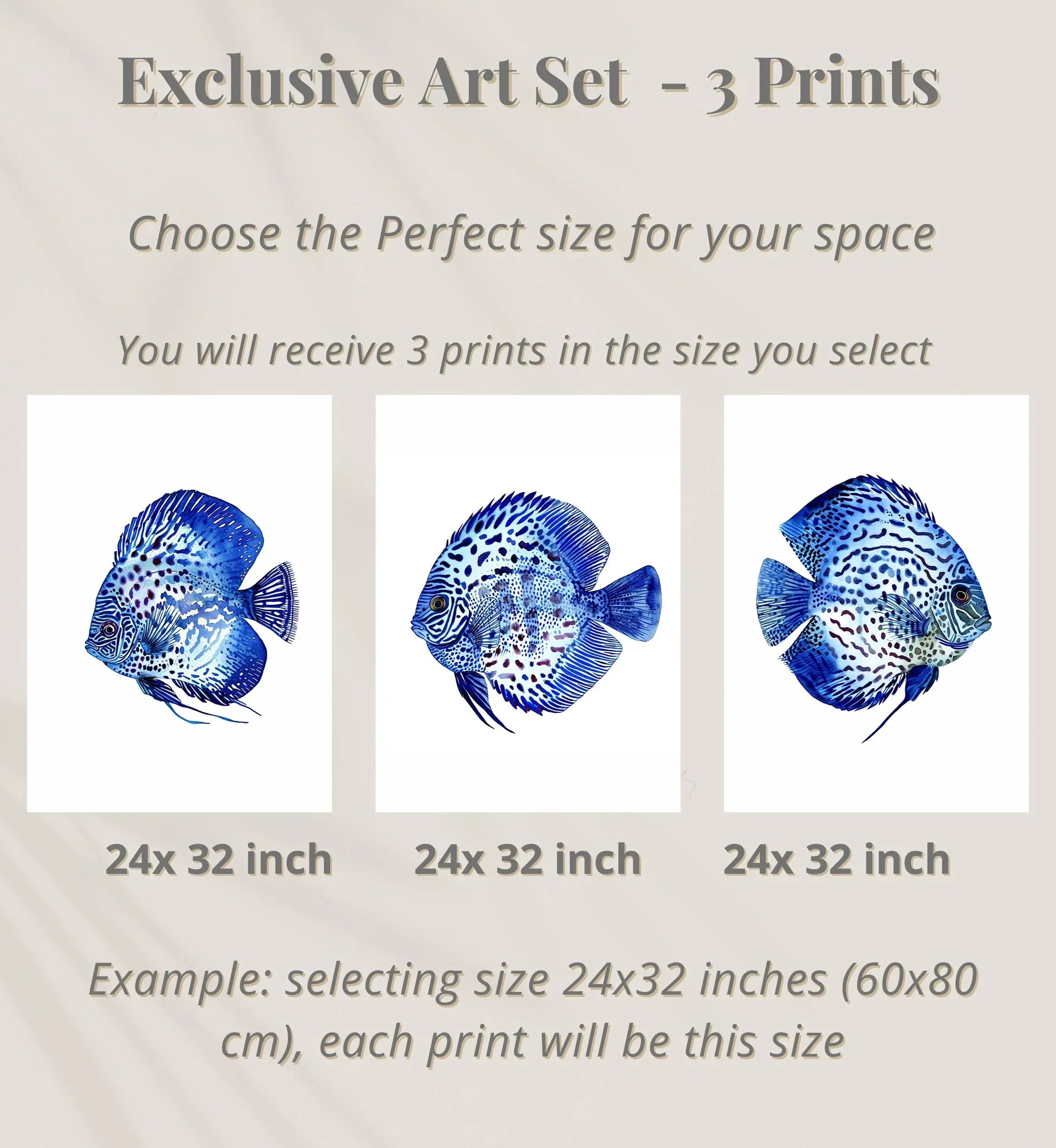 Blue discus fish wall art set of 3 – serene oceanic trio indigo decor