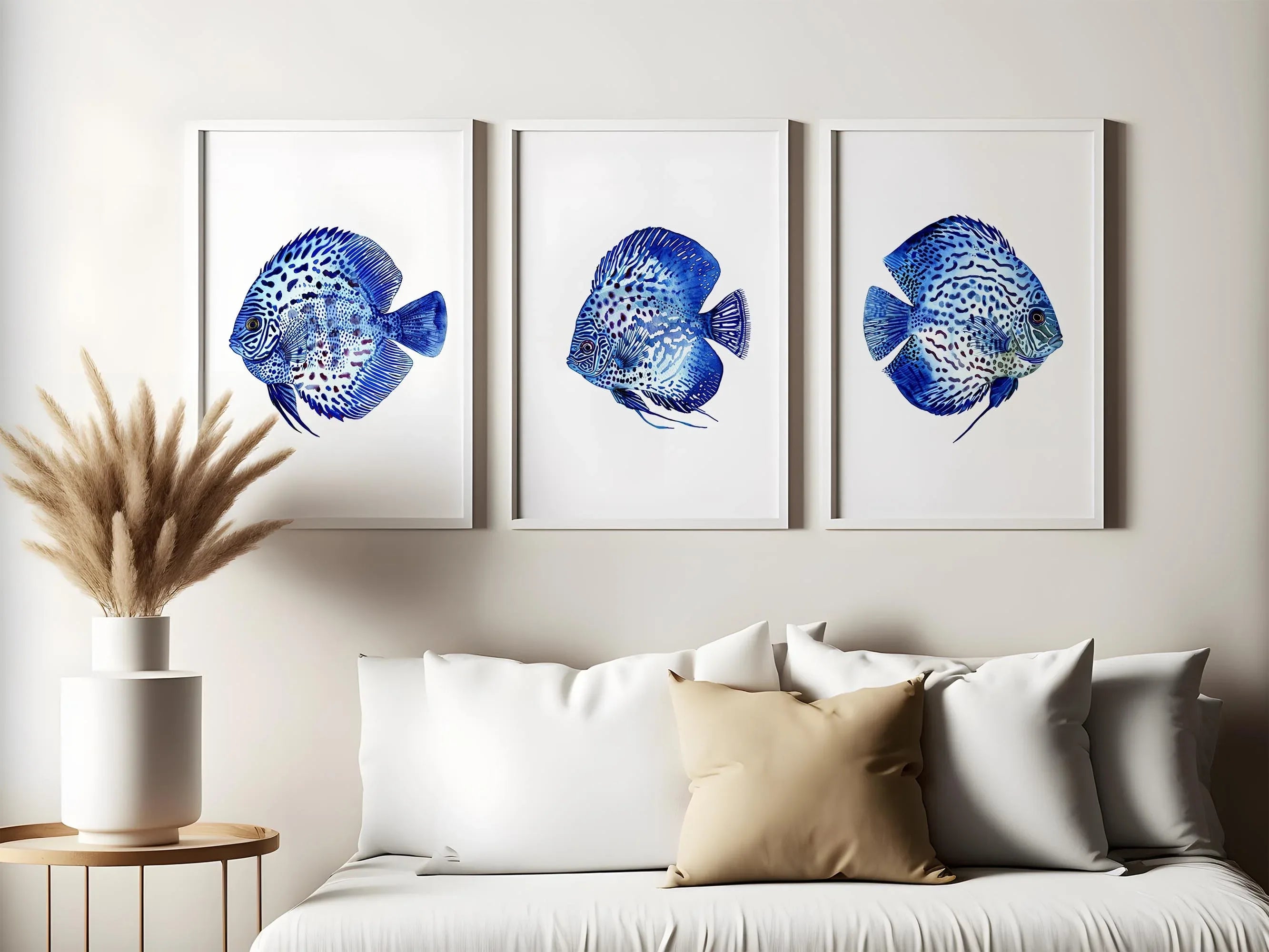 Blue discus fish wall art set of 3 – serene oceanic trio indigo decor