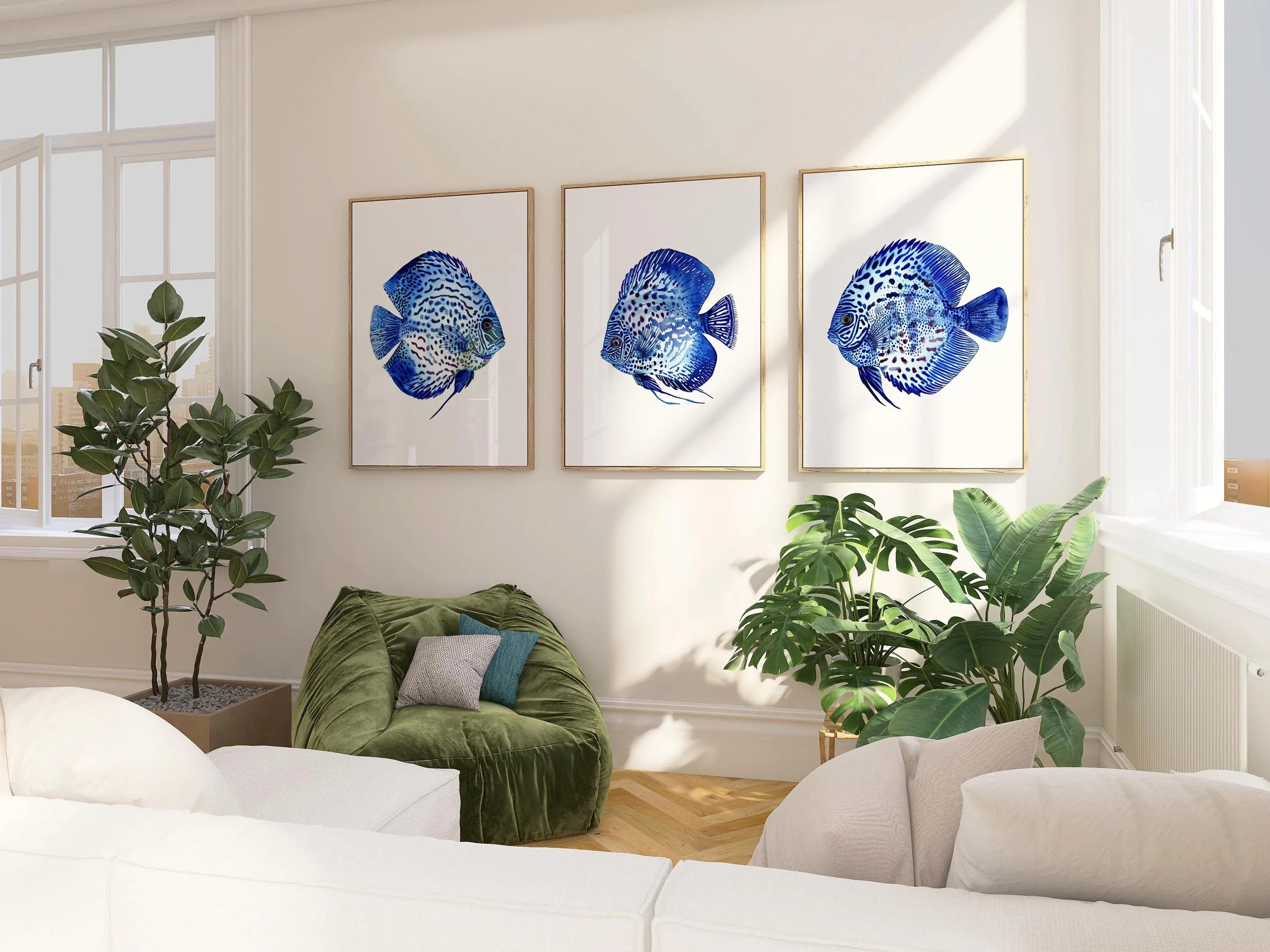 Blue discus fish wall art set of 3 – serene oceanic trio indigo decor
