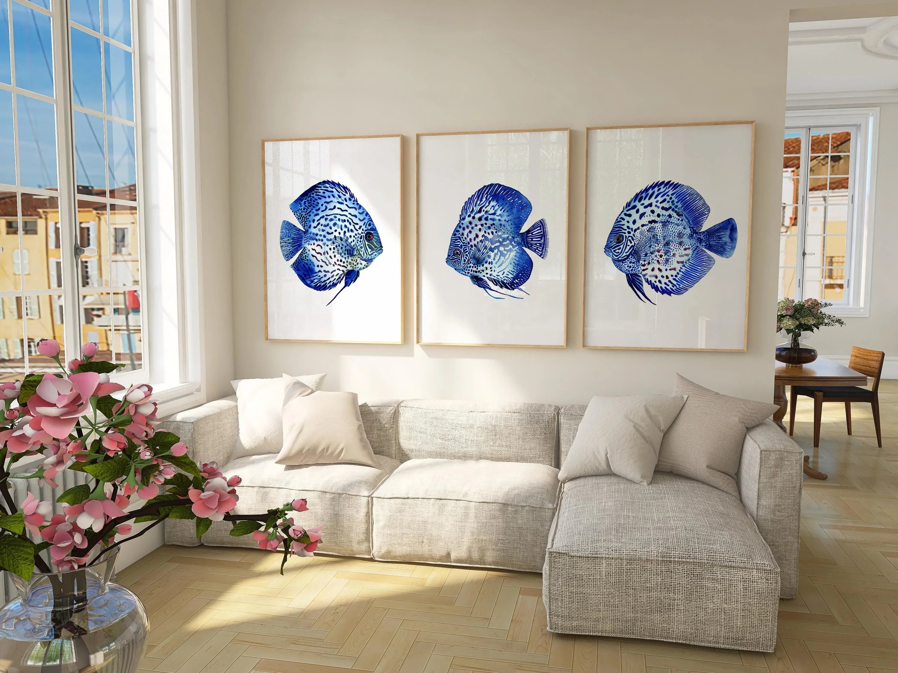 Blue discus fish wall art set of 3 – serene oceanic trio indigo decor