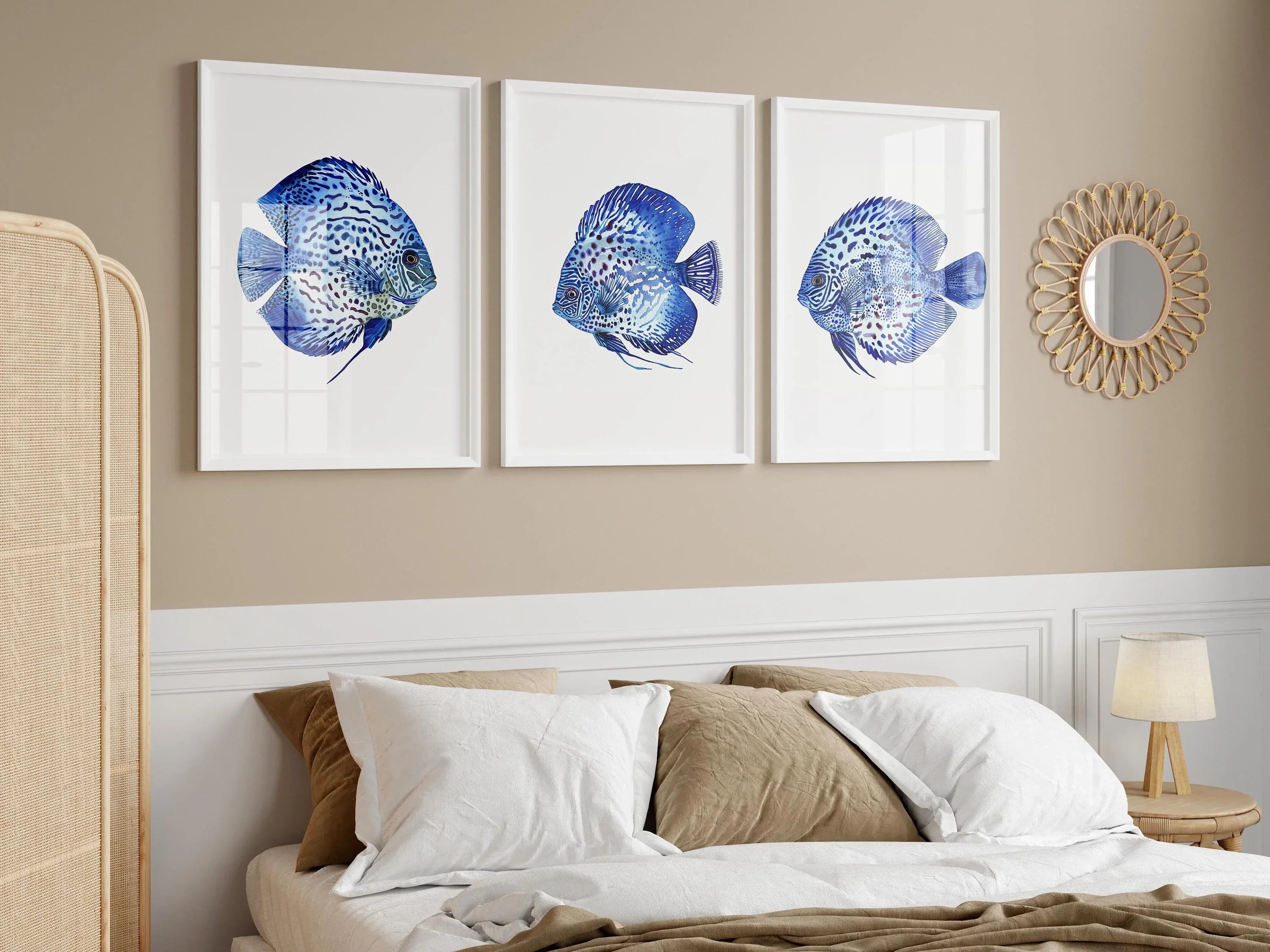 Blue discus fish wall art set of 3 – serene oceanic trio indigo decor
