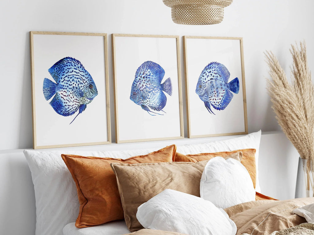 Blue discus fish wall art set of 3 – serene oceanic trio indigo decor