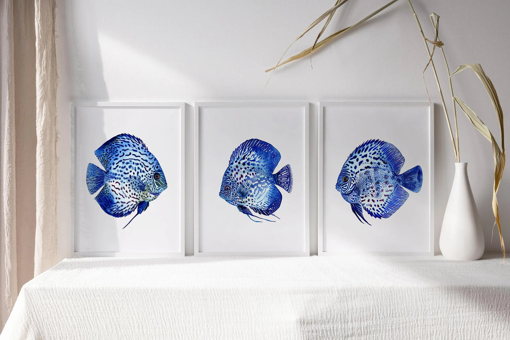 Blue discus fish wall art set of 3 – serene oceanic trio indigo decor