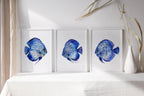 Blue discus fish wall art set of 3 – serene oceanic trio indigo decor