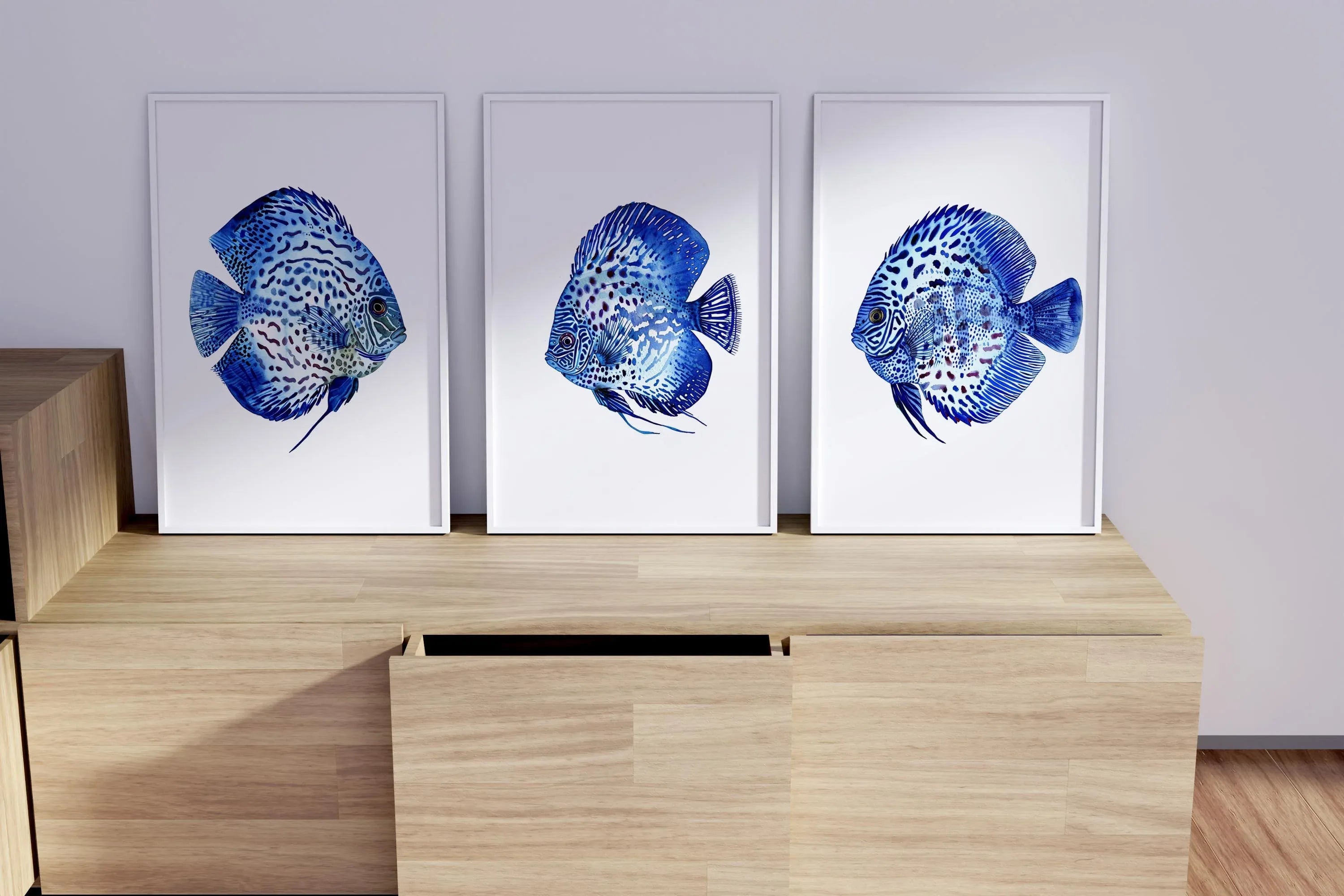 Blue discus fish wall art set of 3 – serene oceanic trio indigo decor