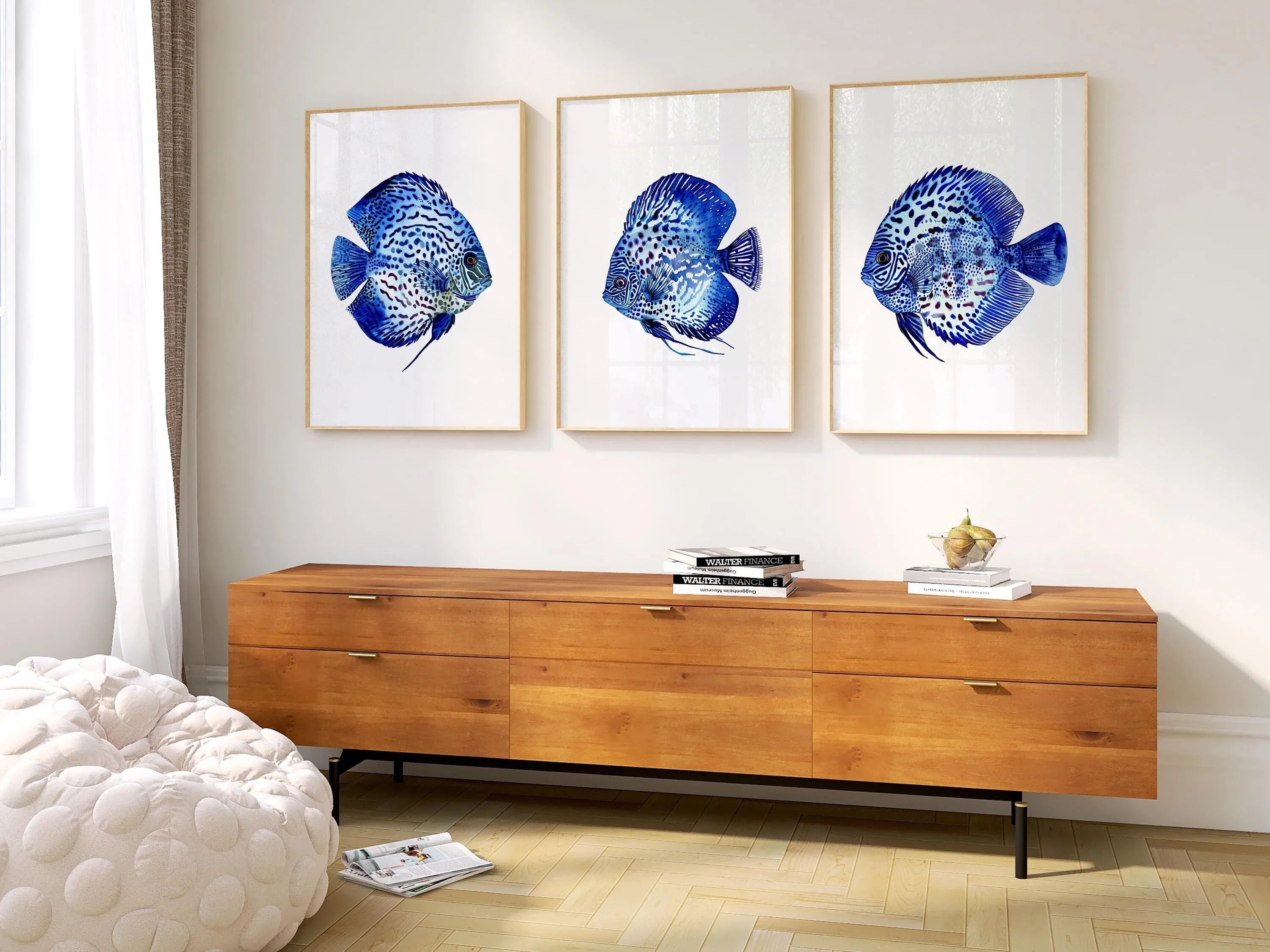 Blue discus fish wall art set of 3 – serene oceanic trio indigo decor