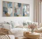 Blue gray gold geometric triptych wall art – modern abstract set of 3