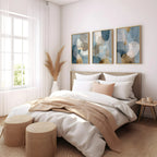 Blue gray gold geometric triptych wall art – modern abstract set of 3