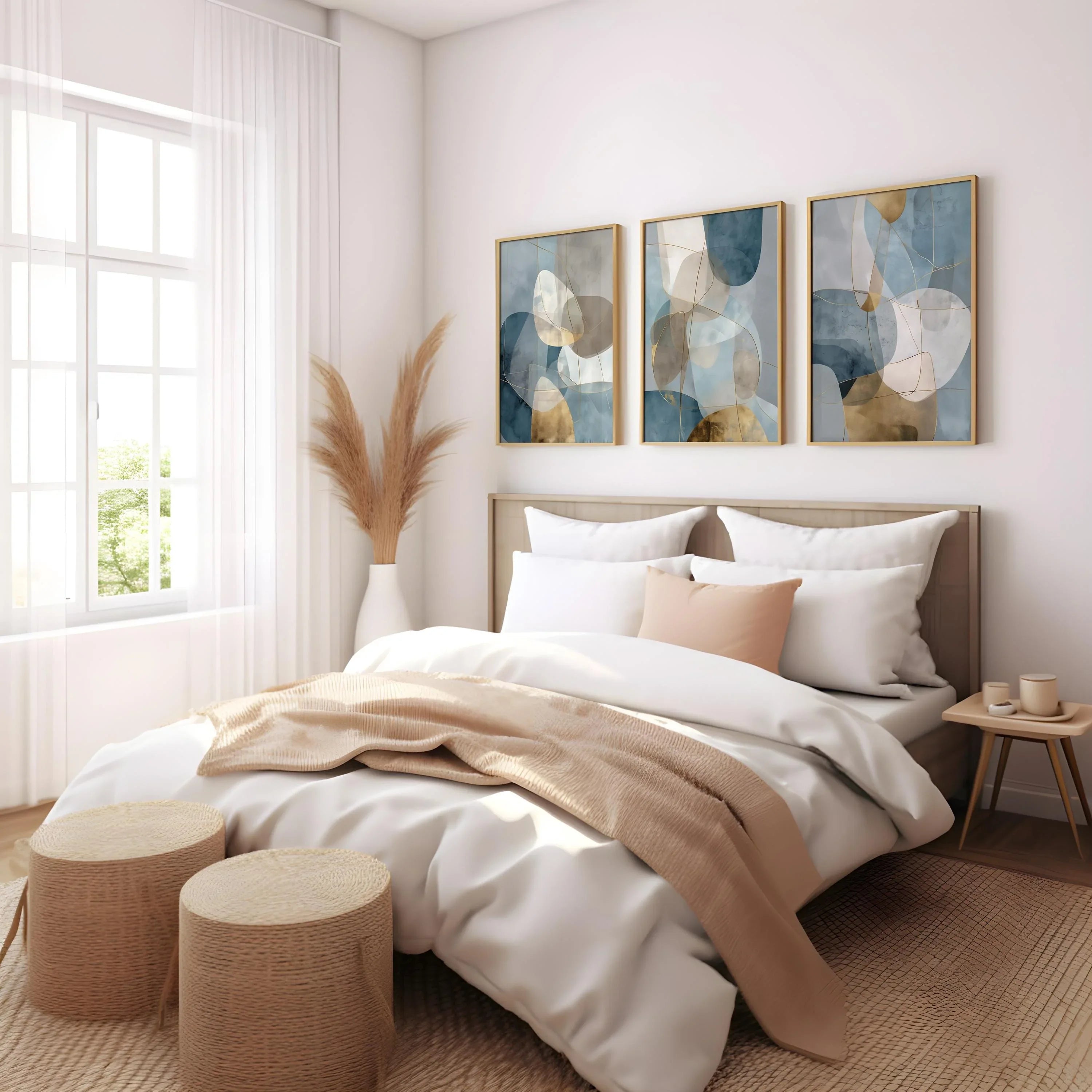 Blue gray gold geometric triptych wall art – modern abstract set of 3