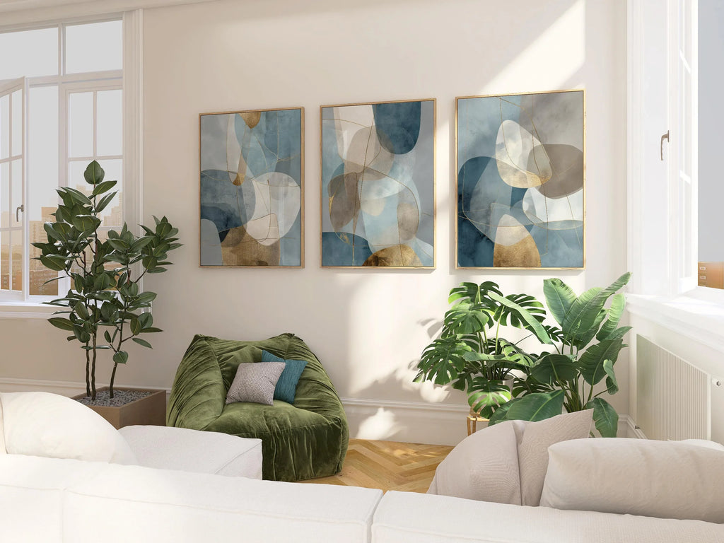 Blue gray gold geometric triptych wall art – modern abstract set of 3