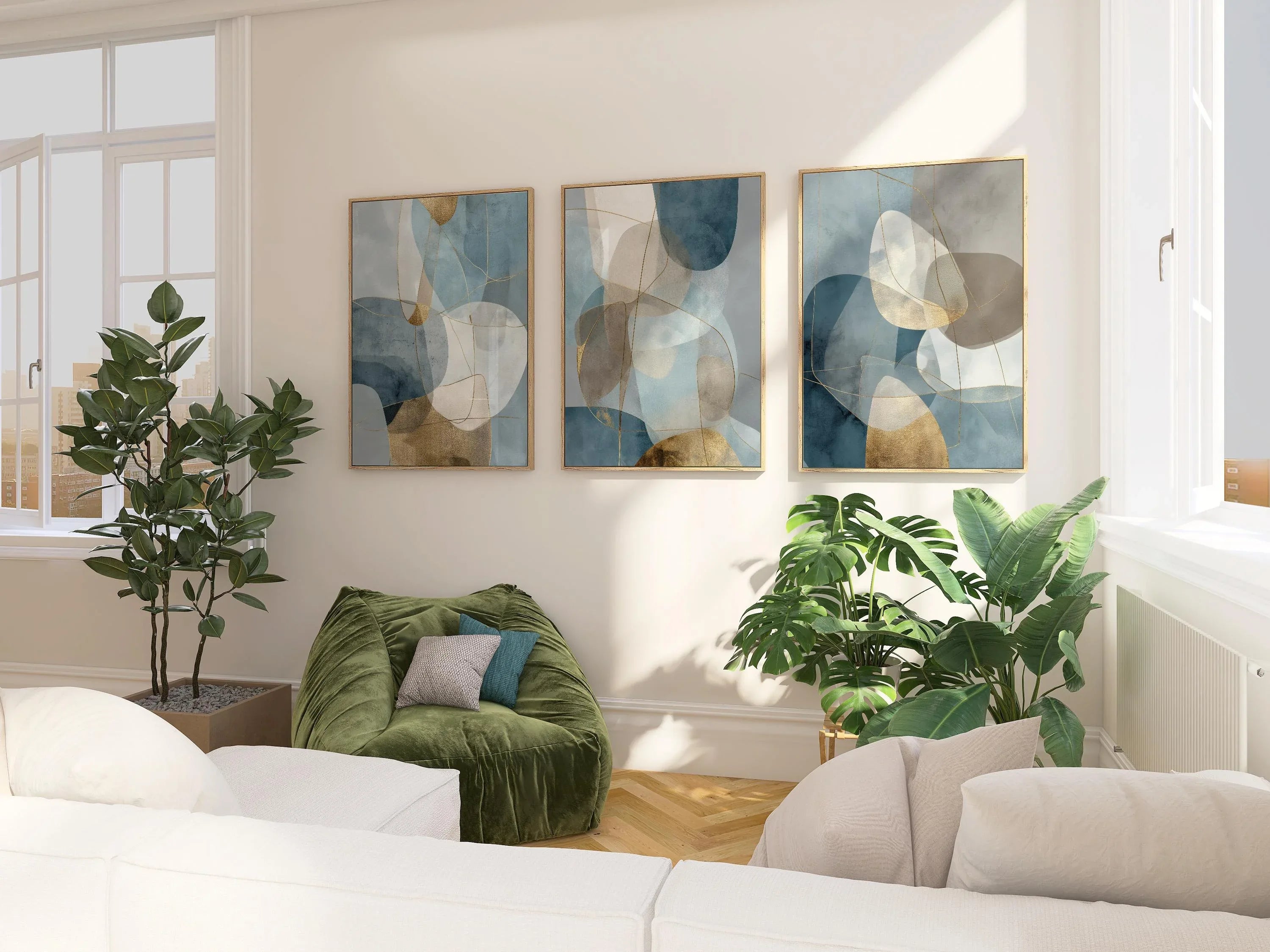 Blue gray gold geometric triptych wall art – modern abstract set of 3