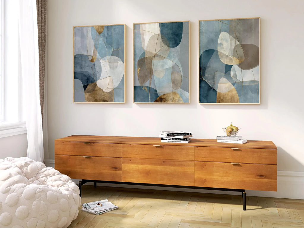 Blue gray gold geometric triptych wall art – modern abstract set of 3