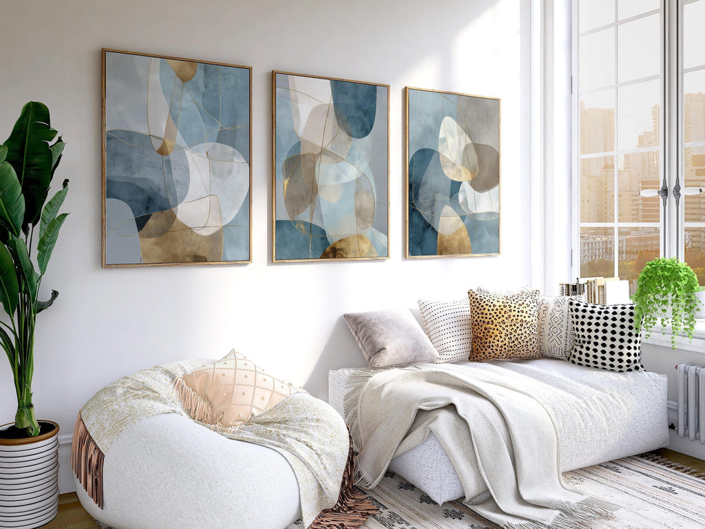 Blue gray gold geometric triptych wall art – modern abstract set of 3