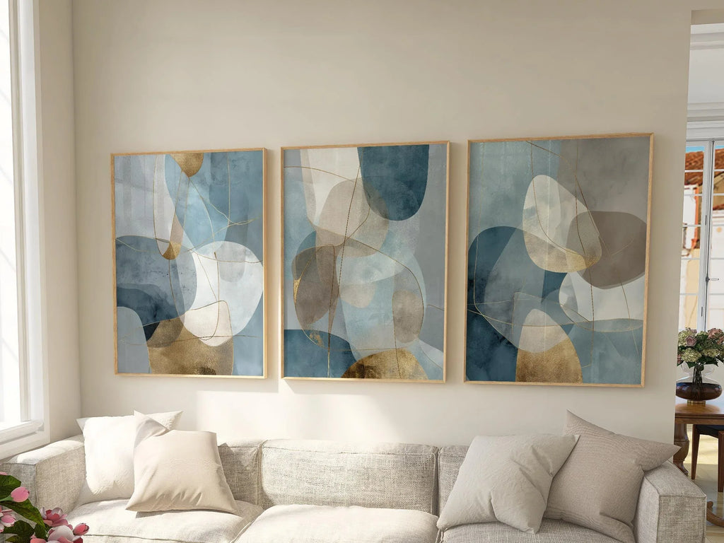 Blue gray gold geometric triptych wall art – modern abstract set of 3