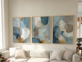 Blue gray gold geometric triptych wall art – modern abstract set of 3