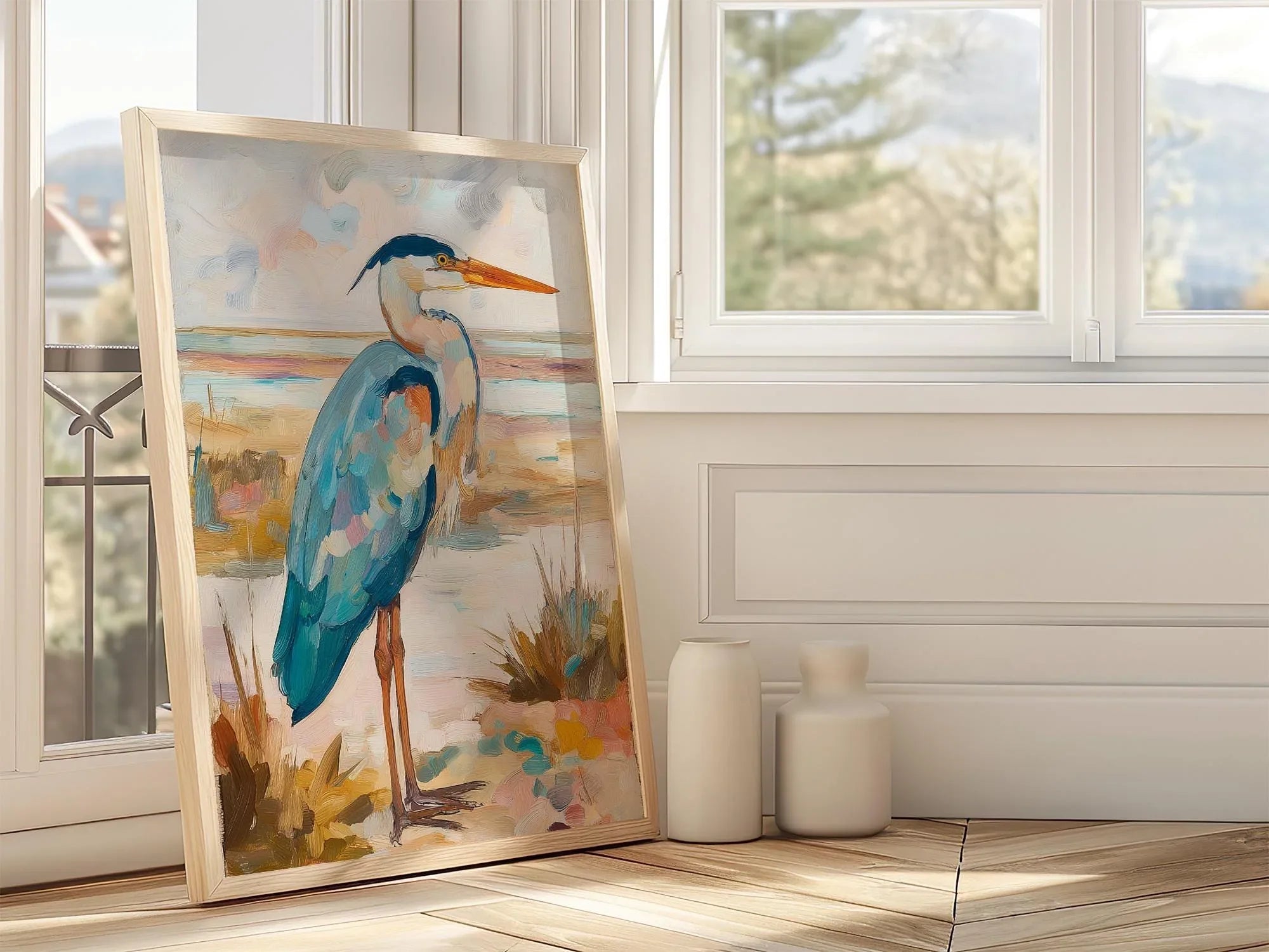 Blue heron oil painting wall art – coastal wetland wildlife shorebird decor