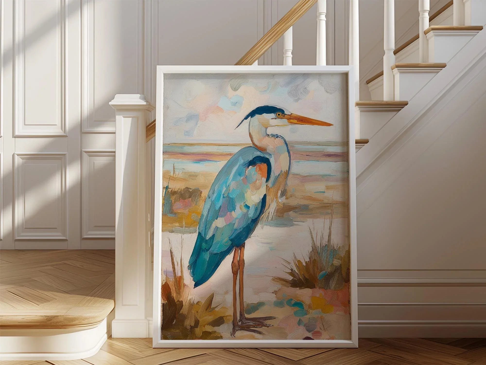 Blue heron oil painting wall art – coastal wetland wildlife shorebird decor