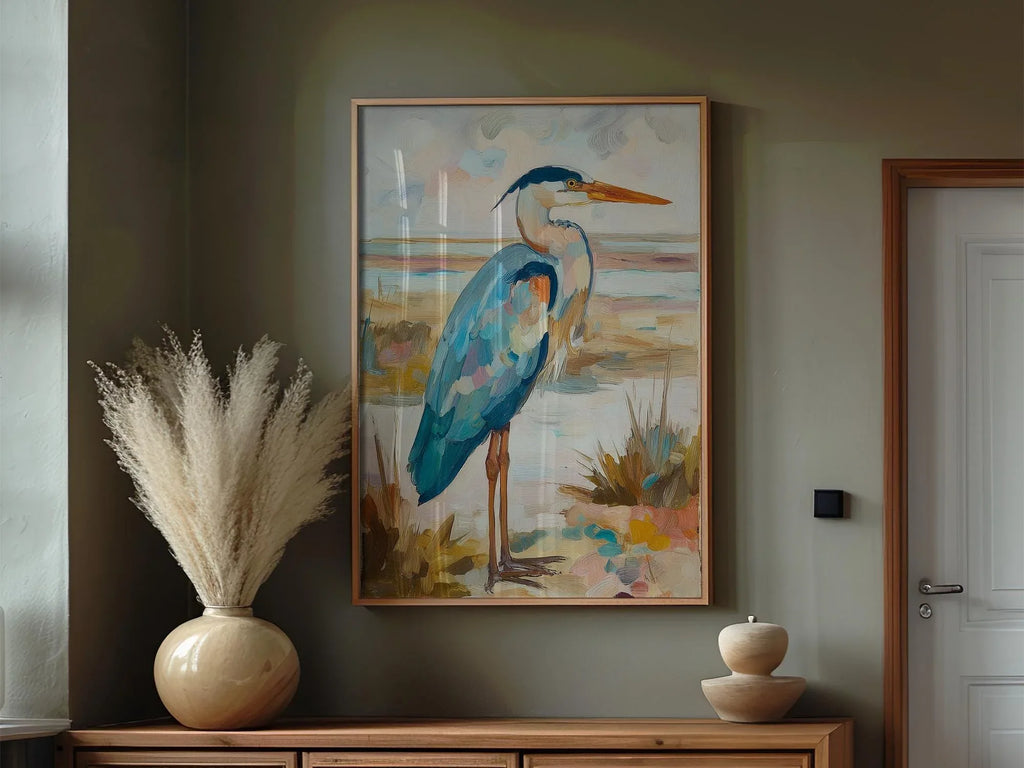 Blue heron oil painting wall art – coastal wetland wildlife shorebird decor