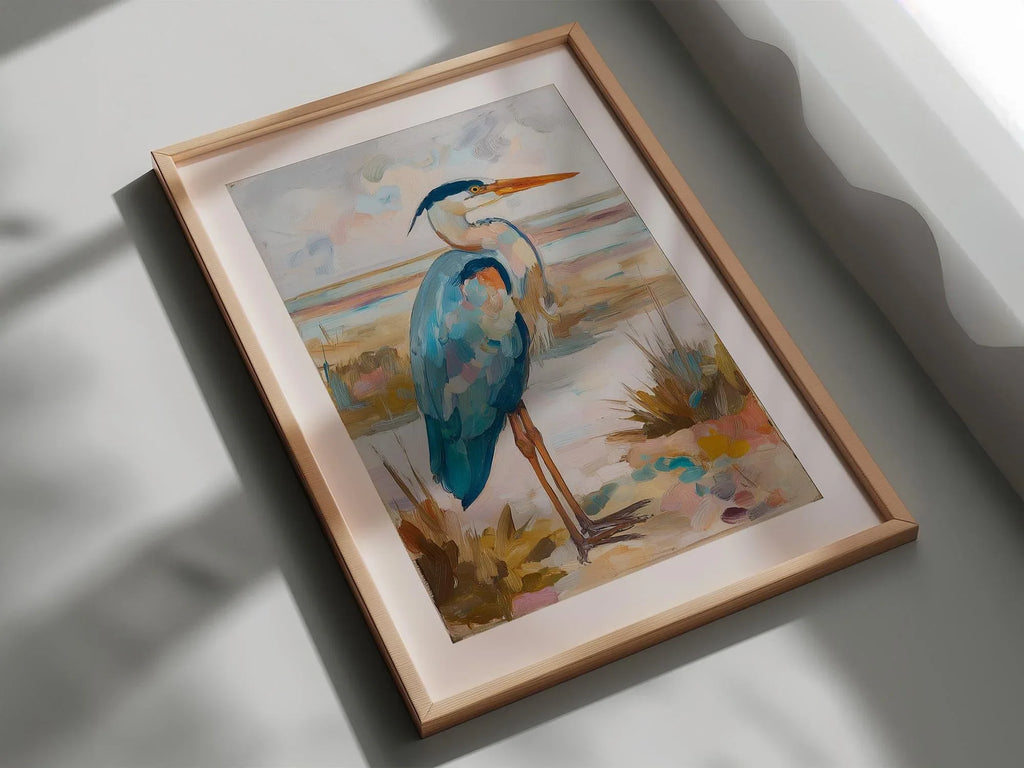 Blue heron oil painting wall art – coastal wetland wildlife shorebird decor