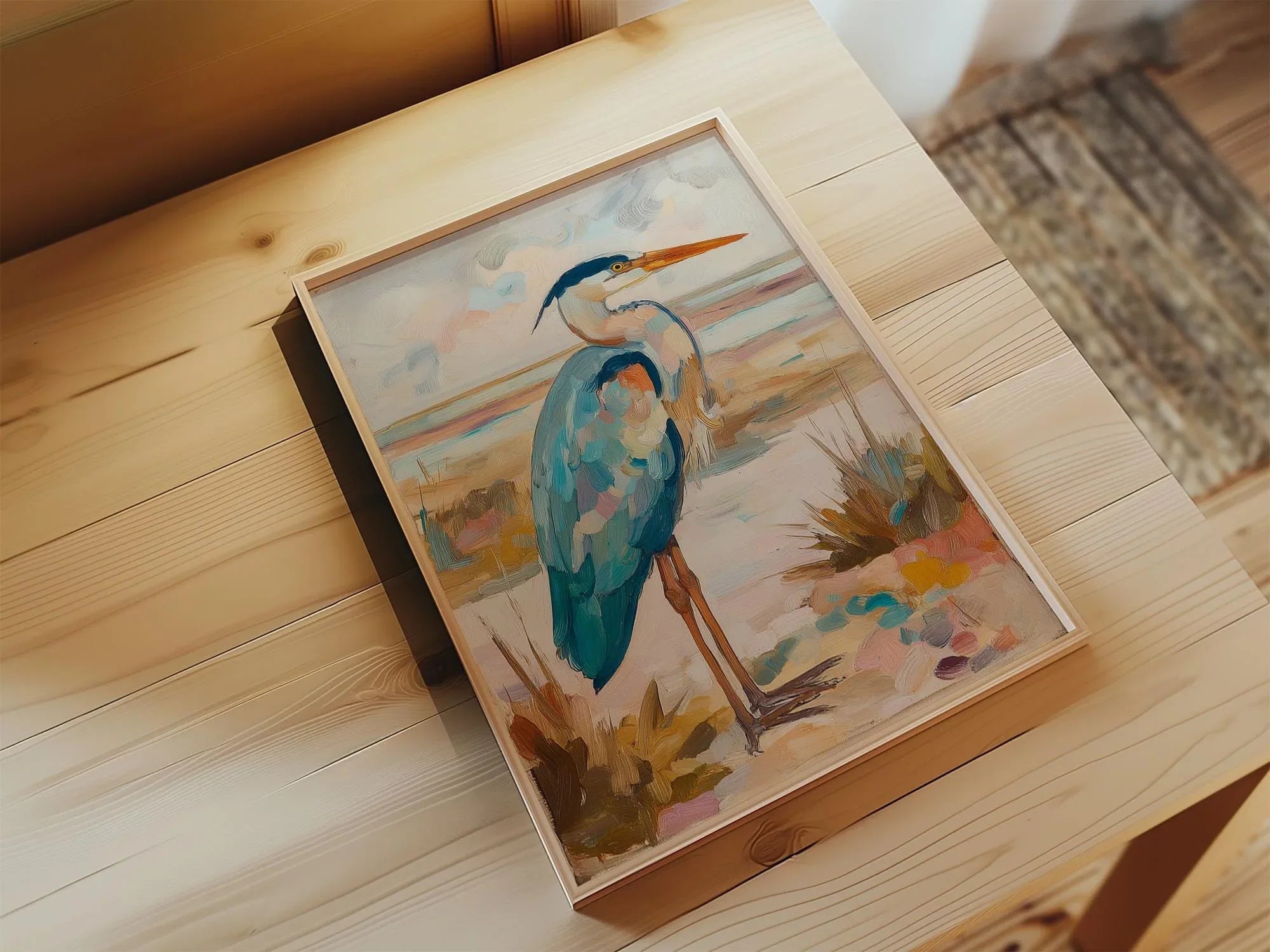 Blue heron oil painting wall art – coastal wetland wildlife shorebird decor