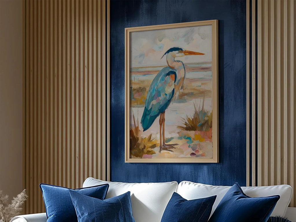 Blue heron oil painting wall art – coastal wetland wildlife shorebird decor