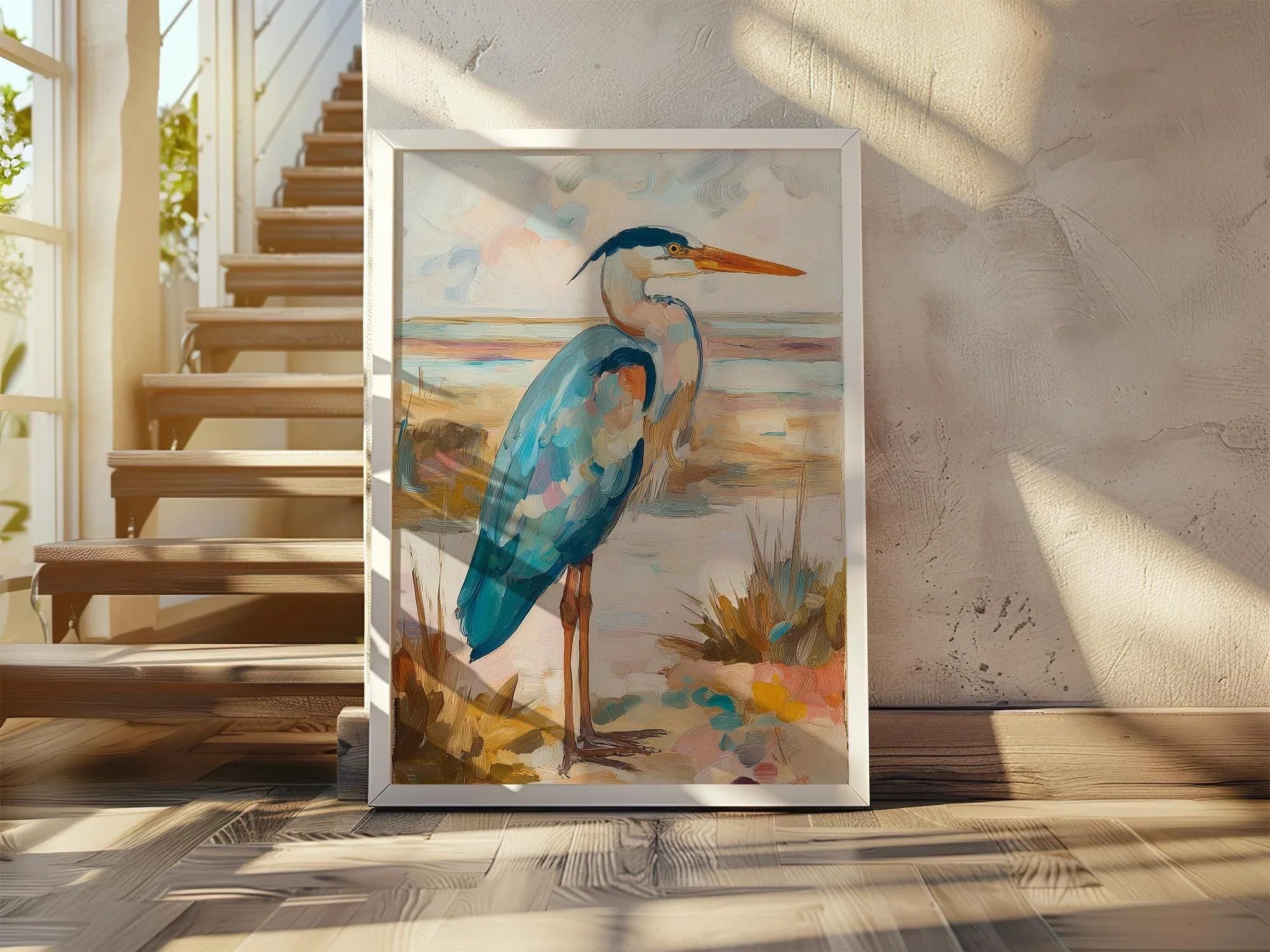 Blue heron oil painting wall art – coastal wetland wildlife shorebird decor