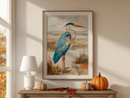 Blue heron oil painting wall art – coastal wetland wildlife shorebird decor