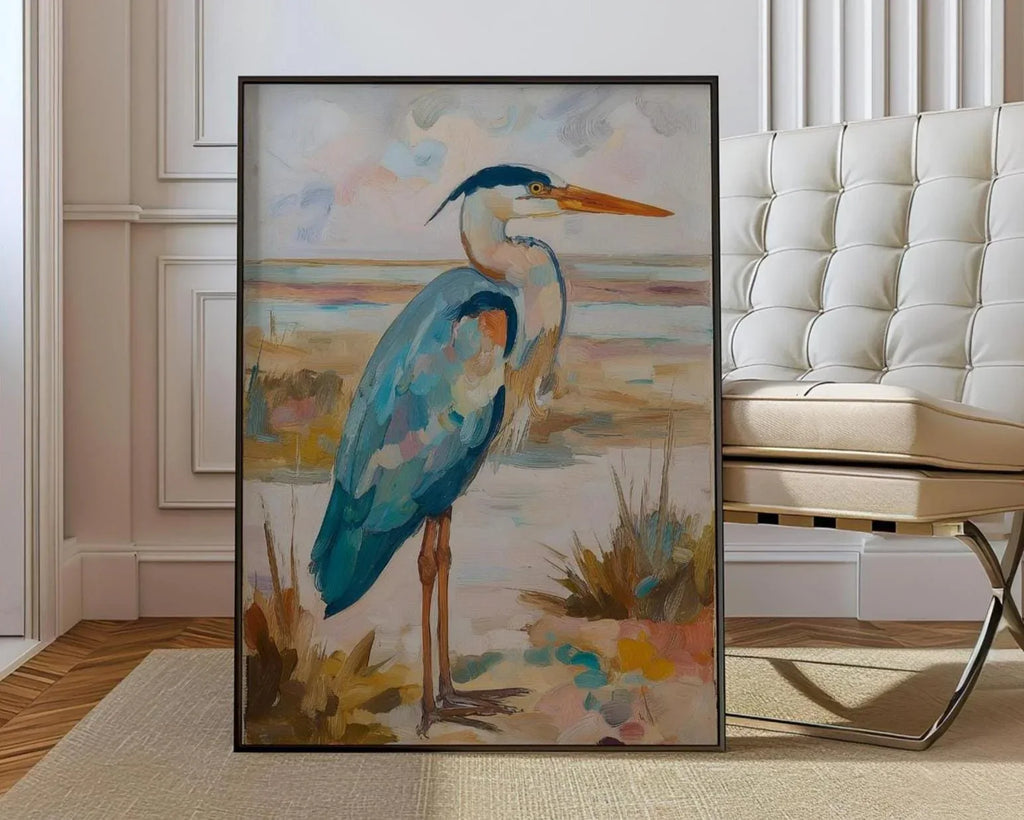 Blue heron oil painting wall art – coastal wetland wildlife shorebird decor