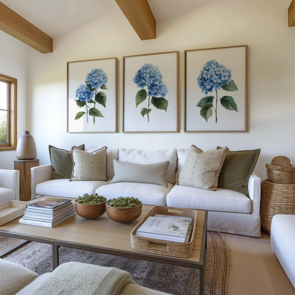 Blue hydrangea wall art set of 3 – botanical floral blue blooms on white