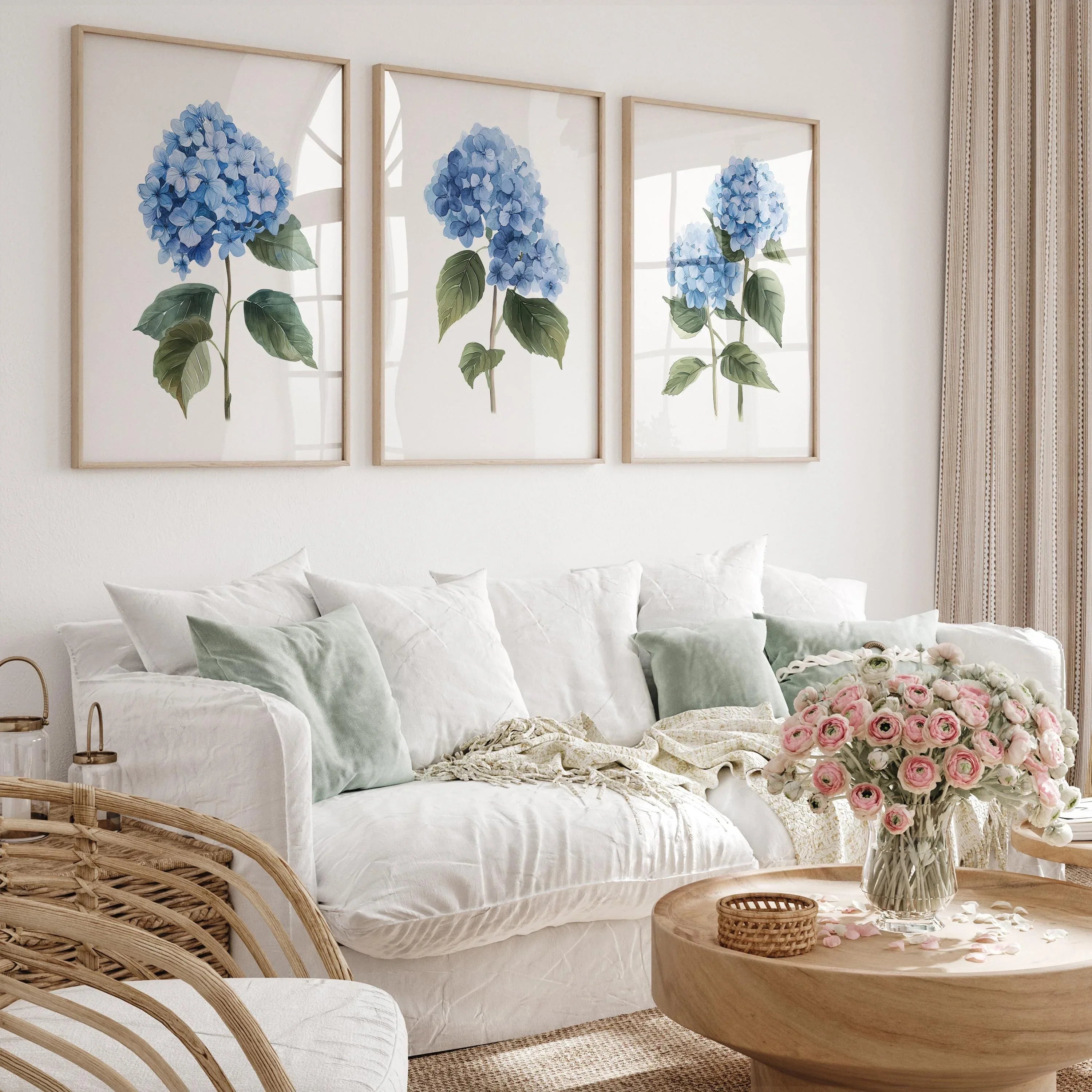 Blue hydrangea wall art set of 3 – botanical floral blue blooms on white