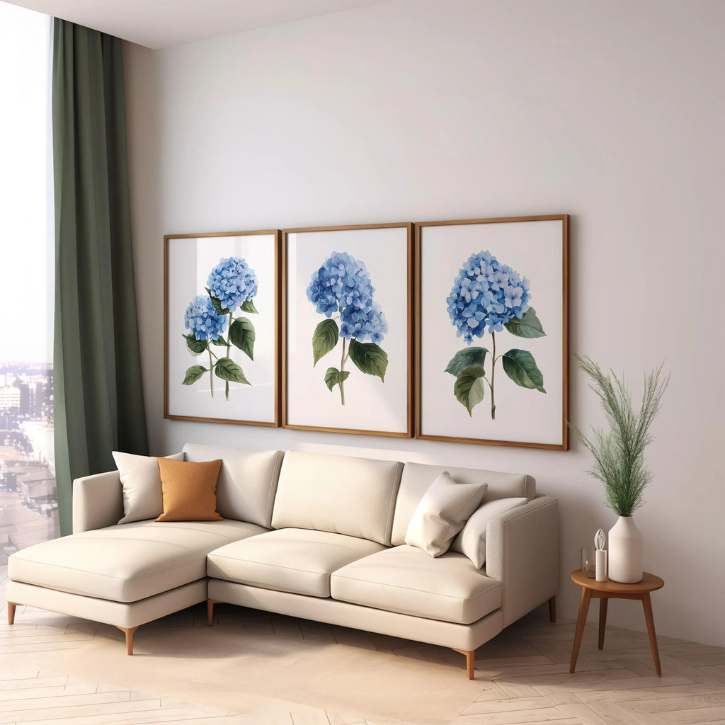 Blue hydrangea wall art set of 3 – botanical floral blue blooms on white