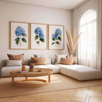 Blue hydrangea wall art set of 3 – botanical floral blue blooms on white