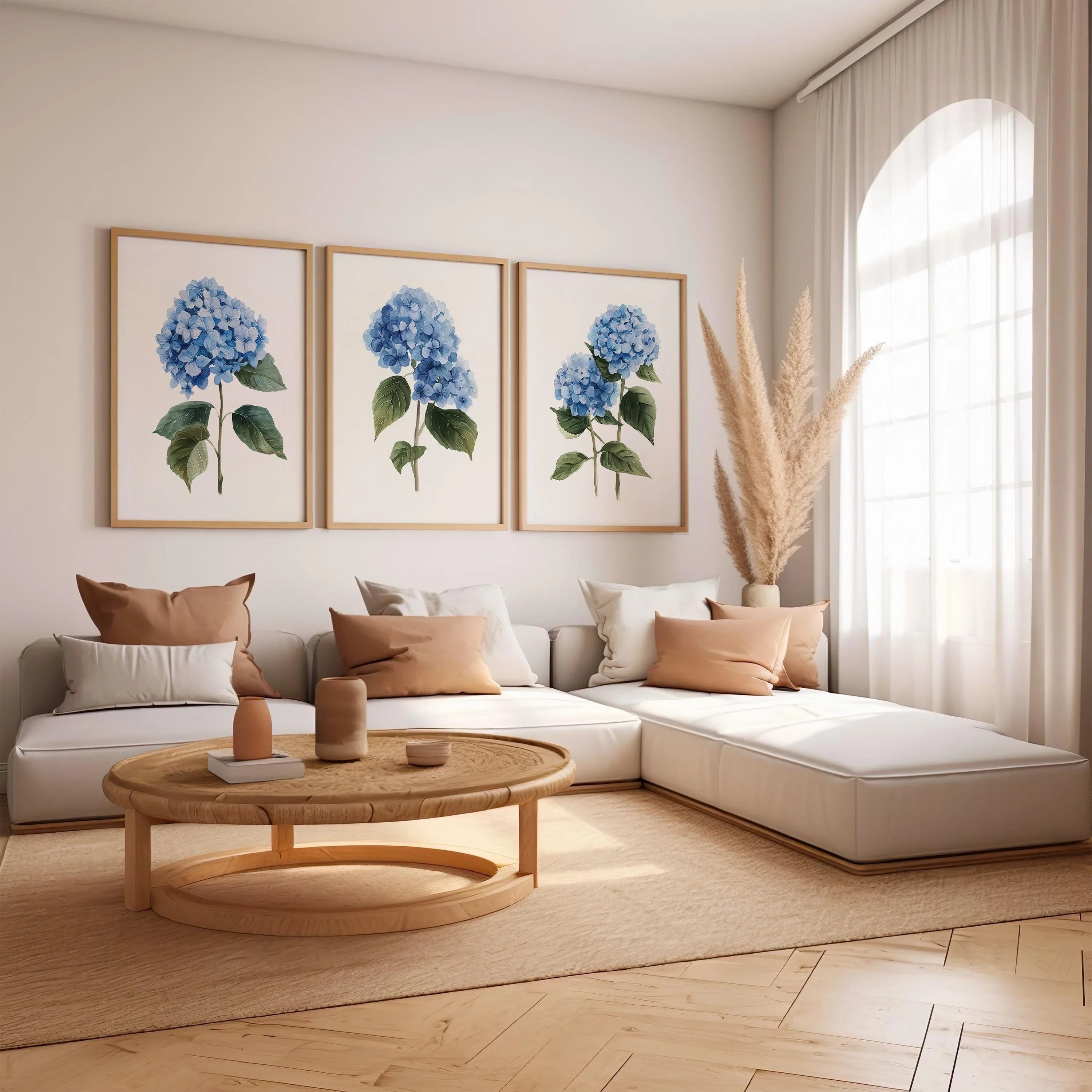 Blue hydrangea wall art set of 3 – botanical floral blue blooms on white