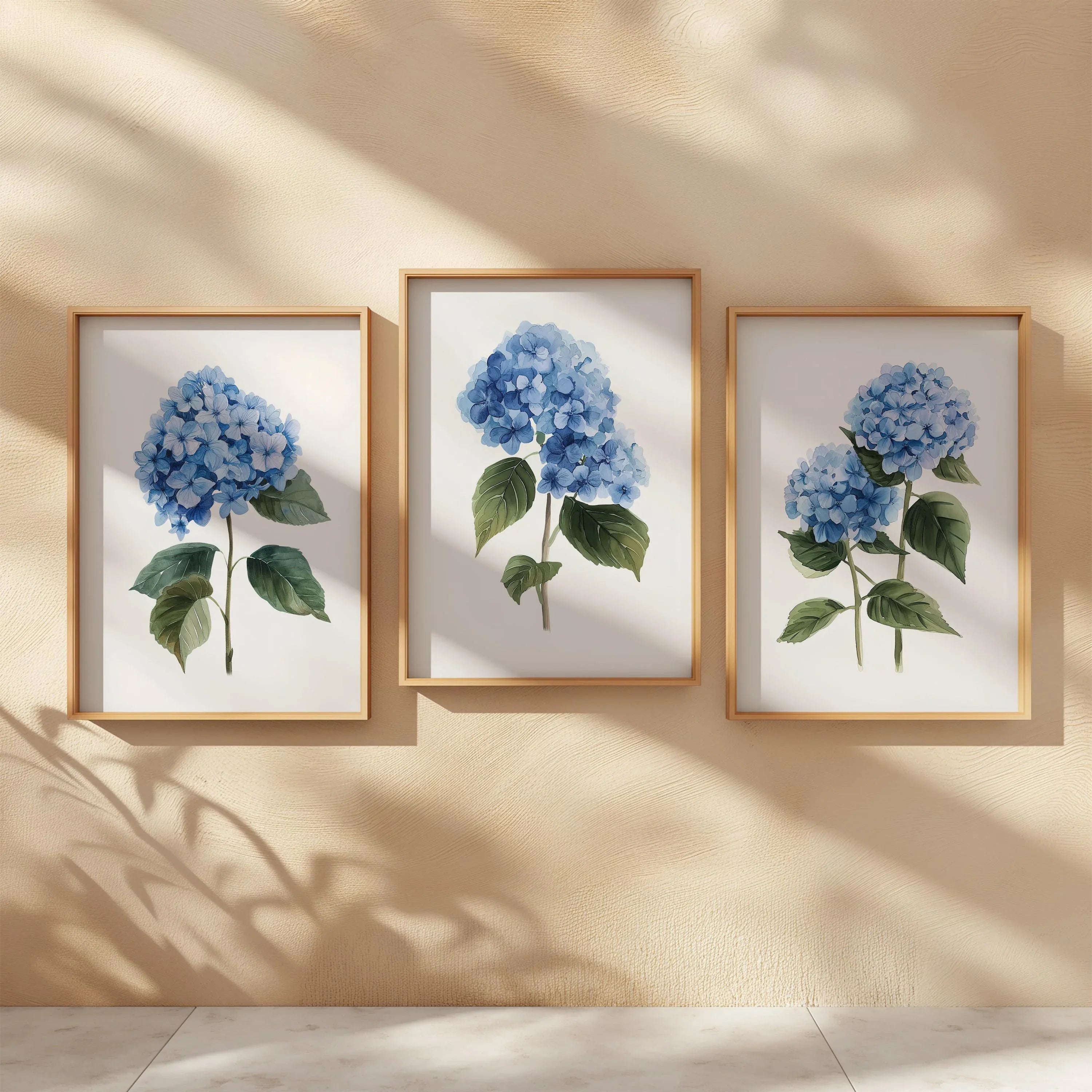 Blue hydrangea wall art set of 3 – botanical floral blue blooms on white