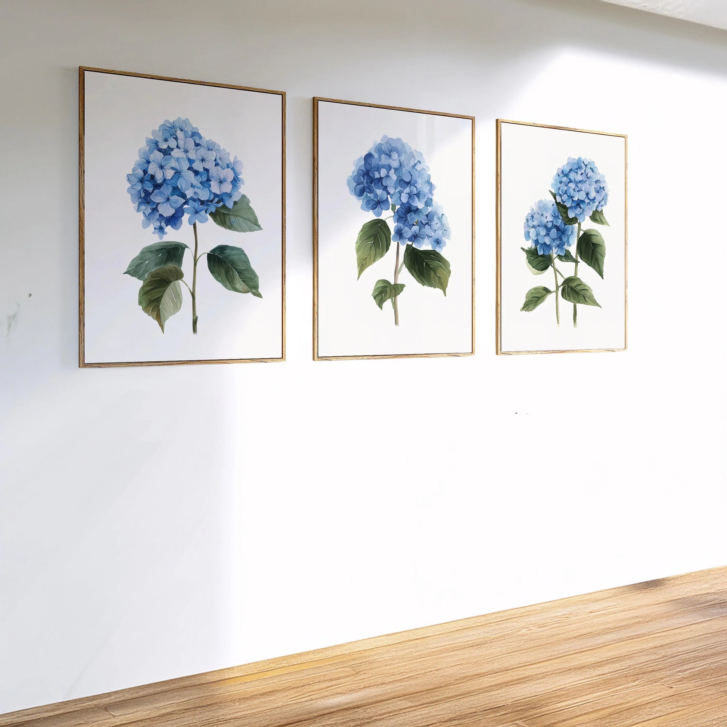 Blue hydrangea wall art set of 3 – botanical floral blue blooms on white