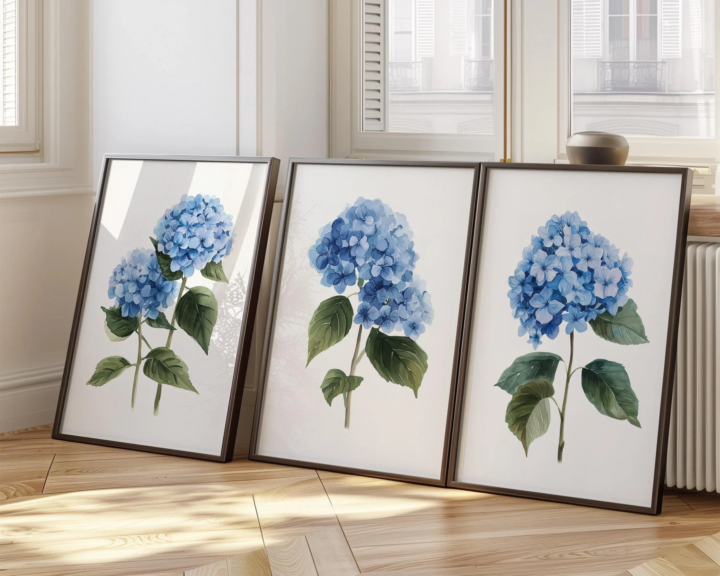 Blue hydrangea wall art set of 3 – botanical floral blue blooms on white