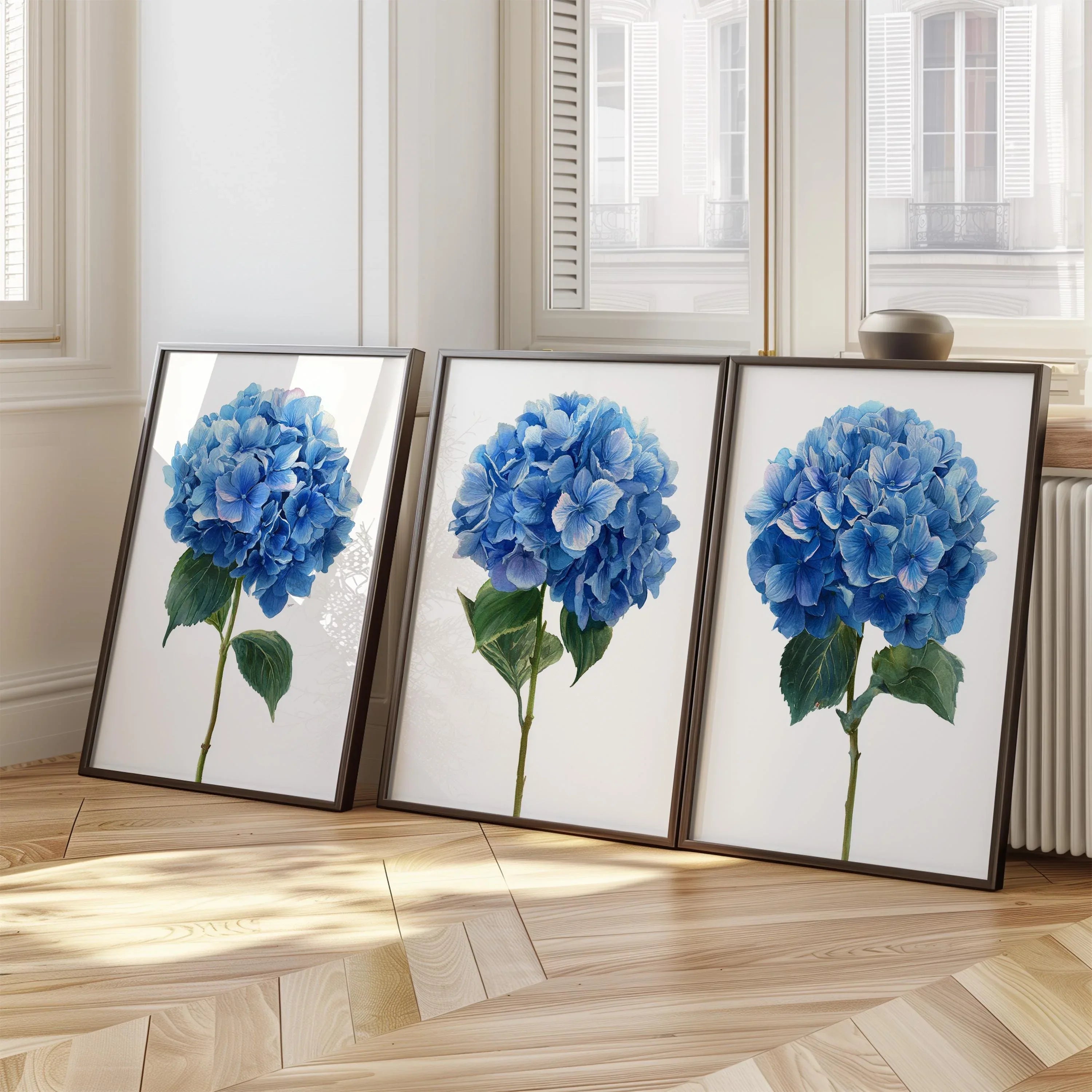 Blue hydrangea watercolour wall art set – elegant garden floral decor