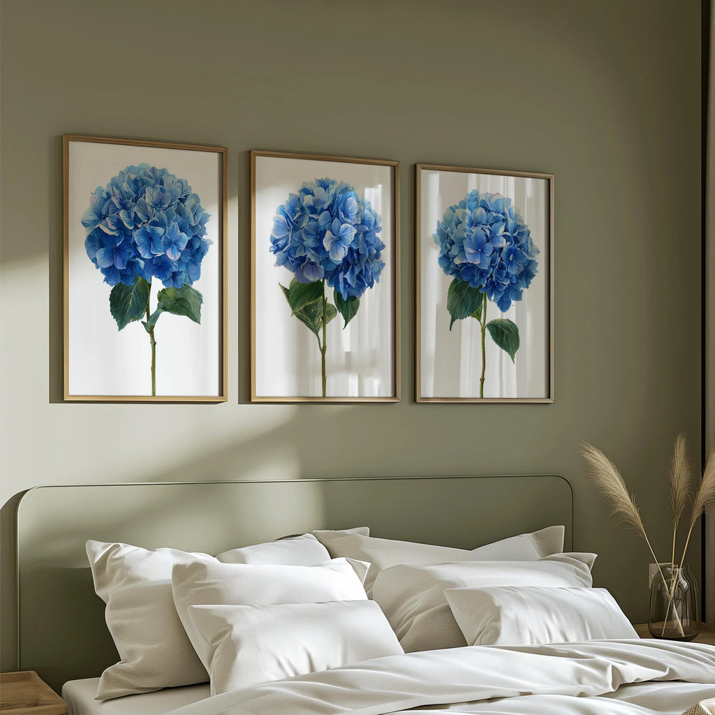 Blue hydrangea watercolour wall art set – elegant garden floral decor