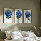 Blue hydrangea watercolour wall art set – elegant garden floral decor