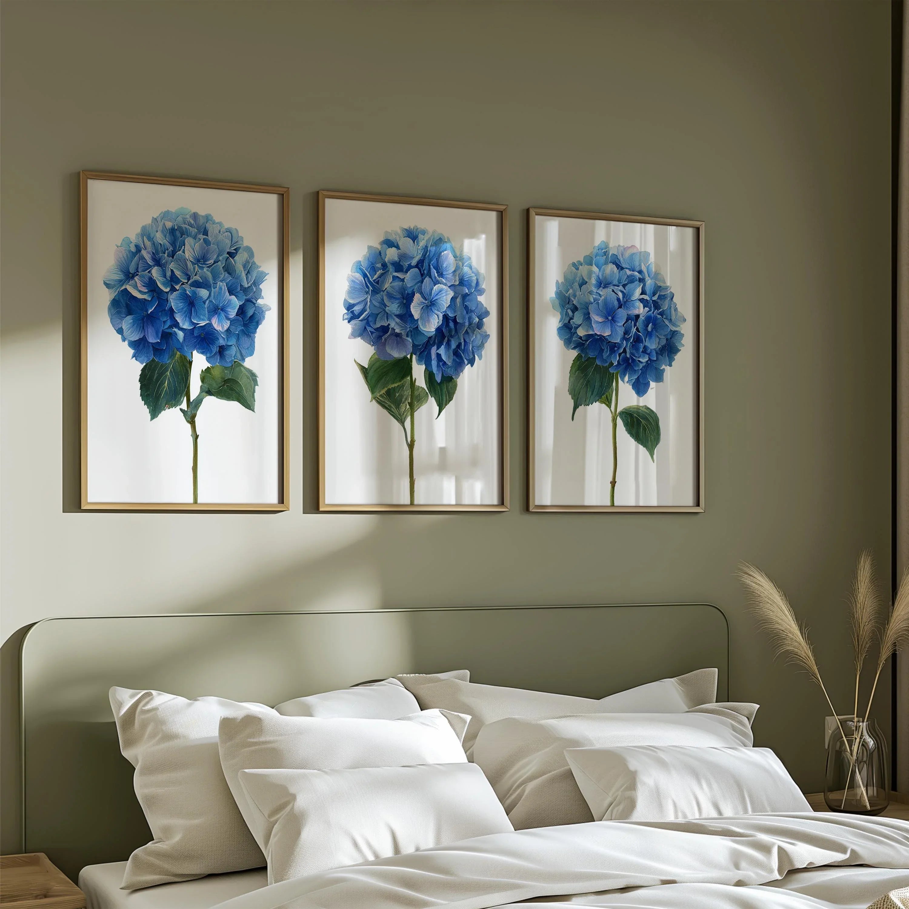 Blue hydrangea watercolour wall art set – elegant garden floral decor