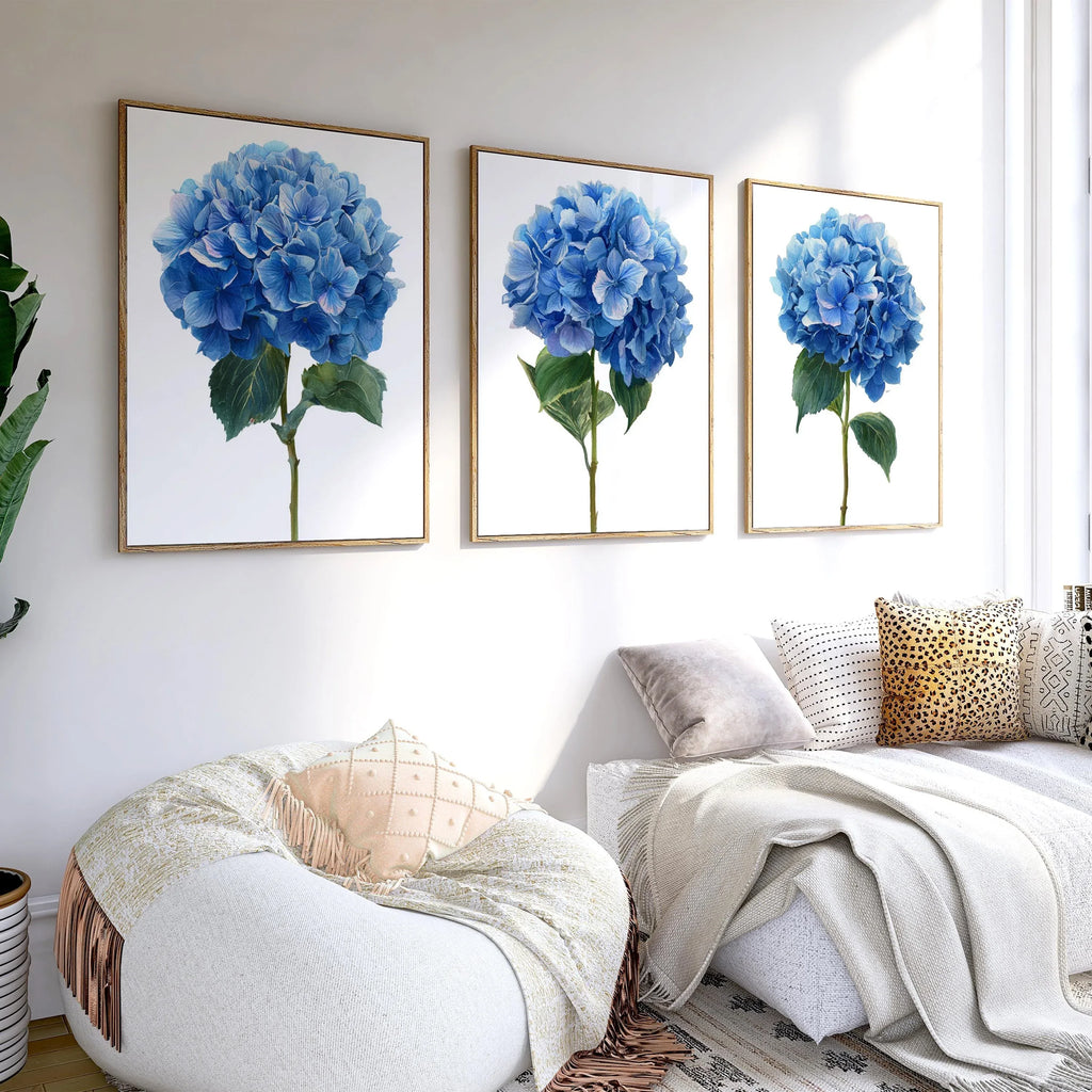 Blue hydrangea watercolour wall art set – elegant garden floral decor