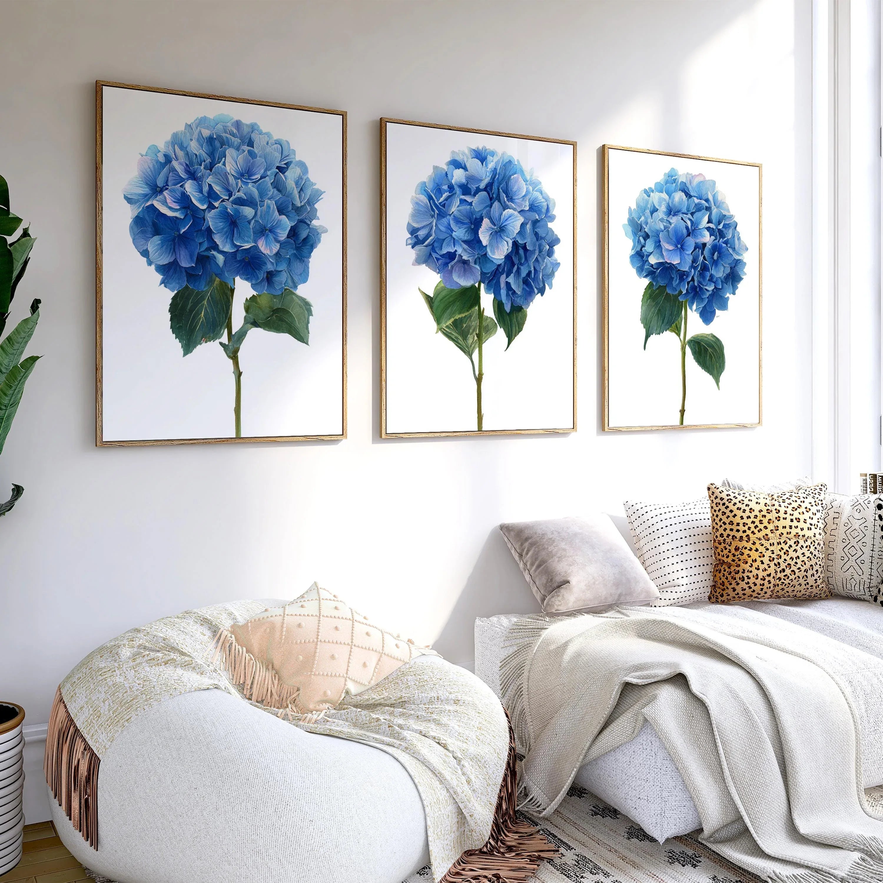 Blue hydrangea watercolour wall art set – elegant garden floral decor