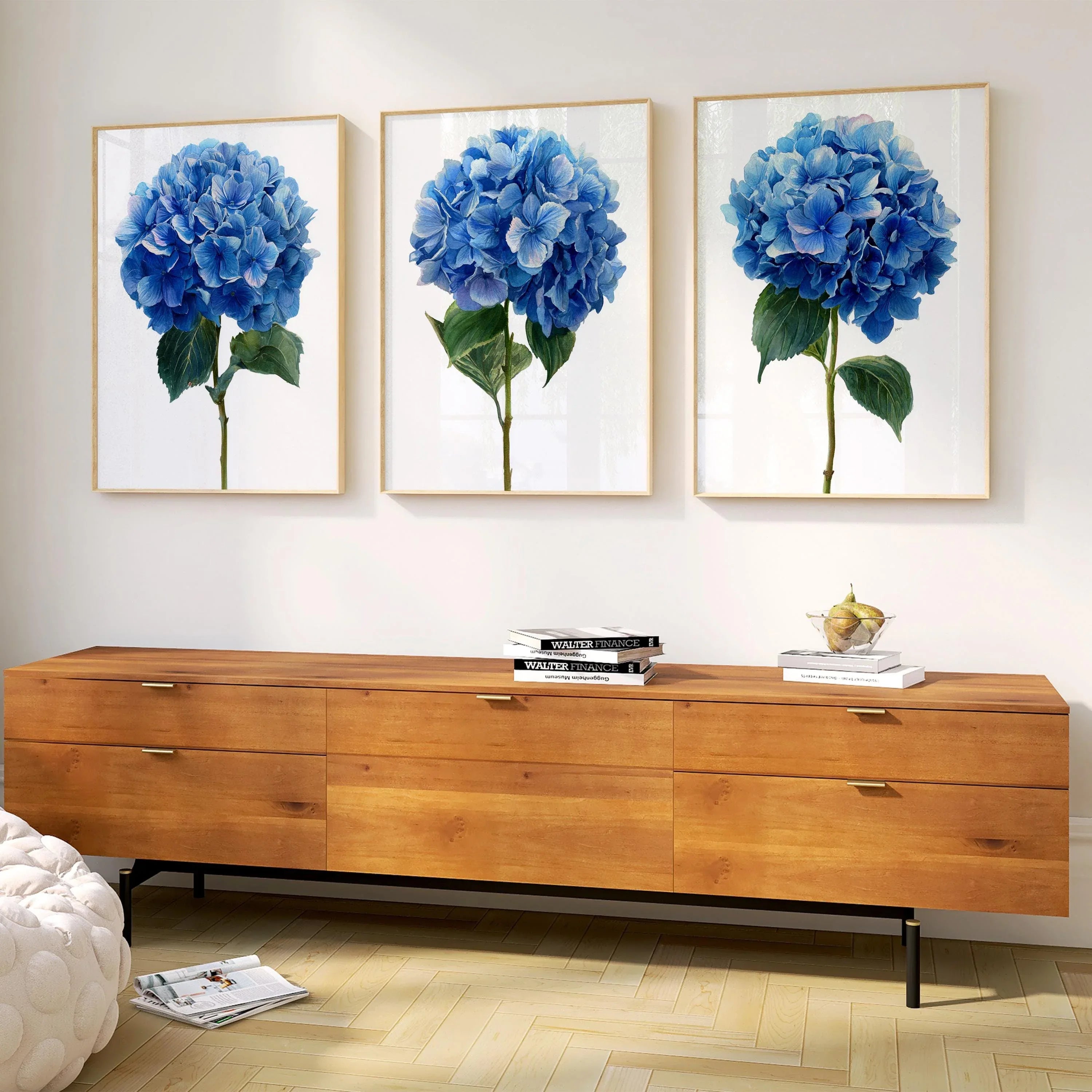 Blue hydrangea watercolour wall art set – elegant garden floral decor